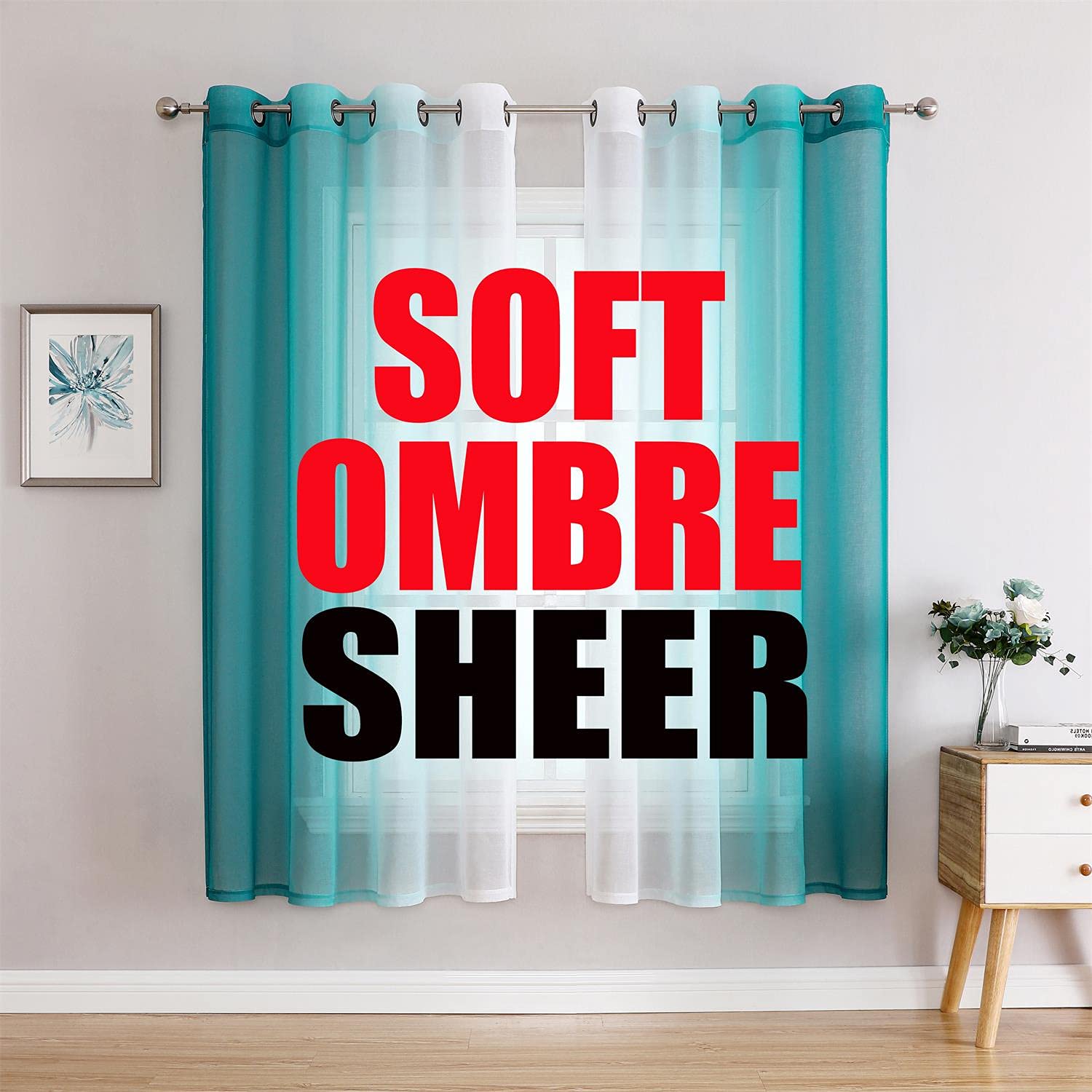 G2000 Sheer Curtains & Drapes 63 Inch Length Teal and White Ombre Curtains for Bedroom Living Room Window Curtains Light Filtering Curtains Grommet Curtains for Patio Sliding Glass Door 2 Panels Set