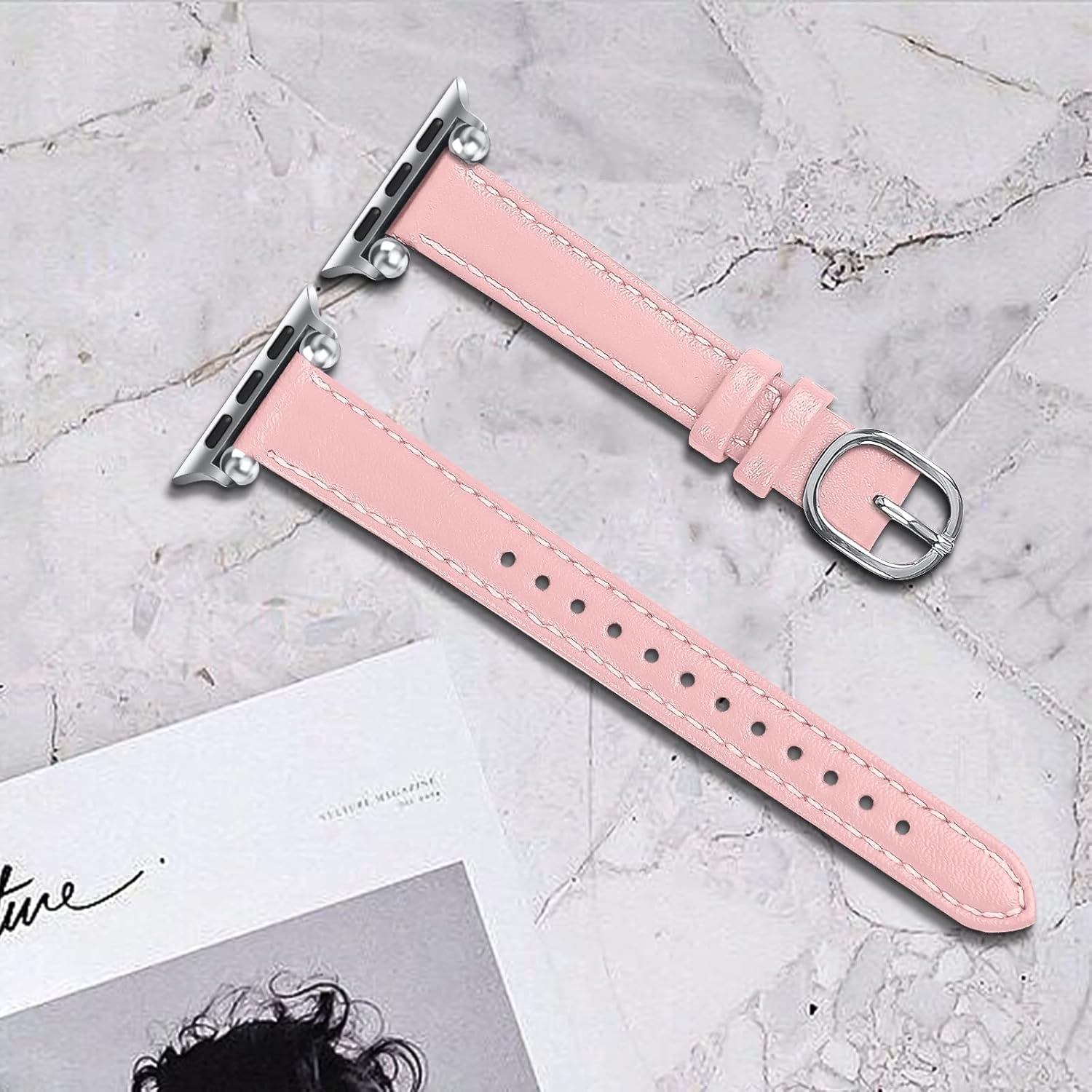 JOYOZY Slim Leather Band for Women Compatible with Apple Watch 49MM 45MM 44MM 42MM 41MM 40MM 38MM, Cute Fancy Top Genuine Leather Strap for iWatch Ultra, Series SE/9/8/7/6/5/4/3/2/1 (Pink/Silver)