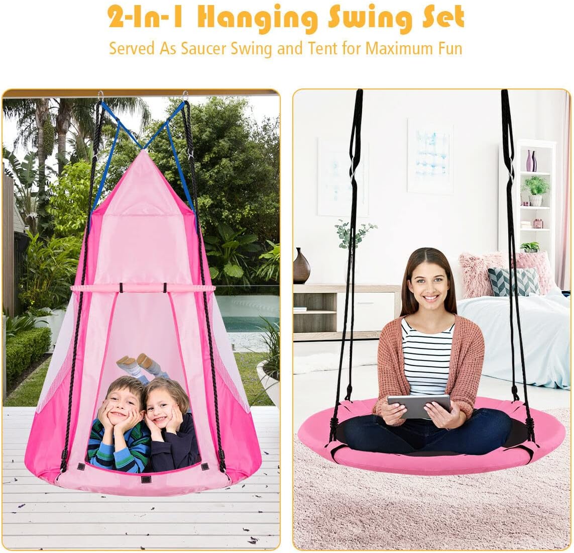 2-in-1 Kids Hanging Hammock Chair, Swing Tent Seat for Indoor Outdoor Bedroom Use, Perfect for Children, Adults, Support 330lbs (Pink)