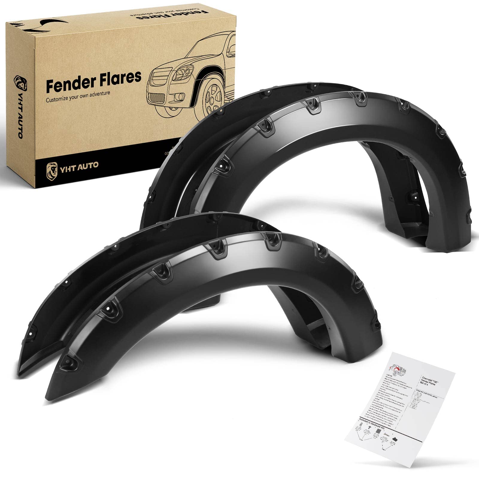 YHTAUTO Fender Flares w/Hardware Kits Fit 1999-2007 Ford F-250 Super Duty, F-350 Super Duty, Styleside Models Only, Pocket Bolt-Riveted Style Front & Rear Paintable Wheel Flare Cover Protector