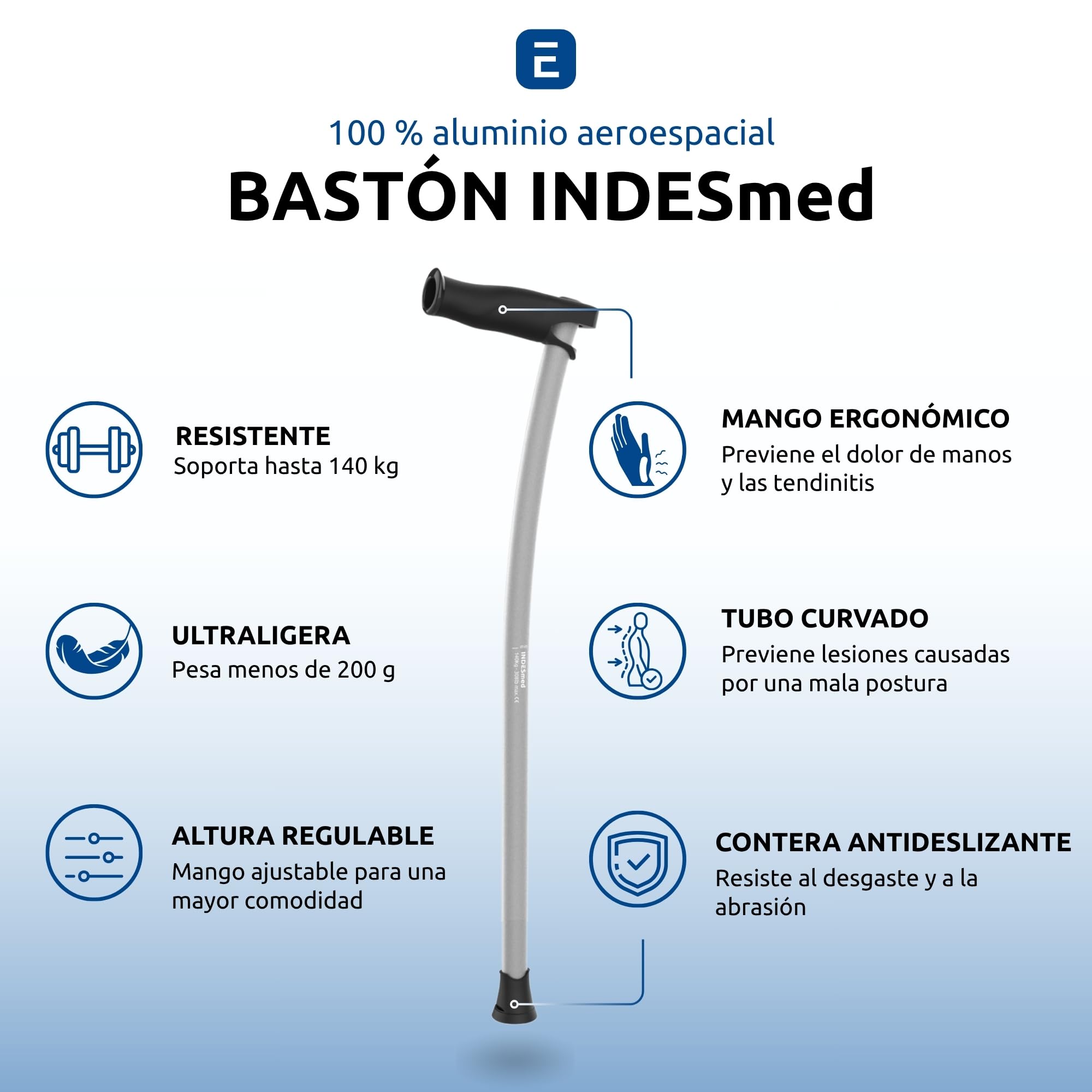 INDESmed | Bastón de Aluminio Aeroespacial 100% Ultraligero - Patentado - Ajustable milimétricamente, Ultrarresistente, Mango ergonómico Anti-tendinitis, Ortopédico-Diseñado en España (Gris, L)