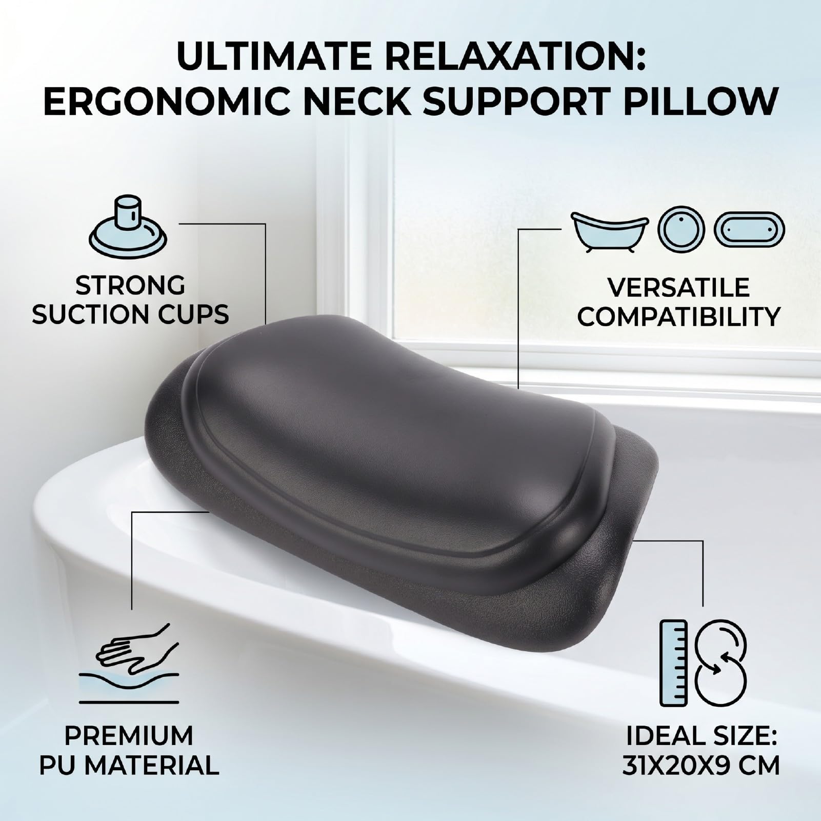 Generic Comodo Cuscino Bagno con Forti Ventose per un Migliore Relax Nelle Vasche Bagno Curve e Ovali, Realizzato in PU Premium (Lunghezza 31 cm Larghezza 20 cm Altezza 9)