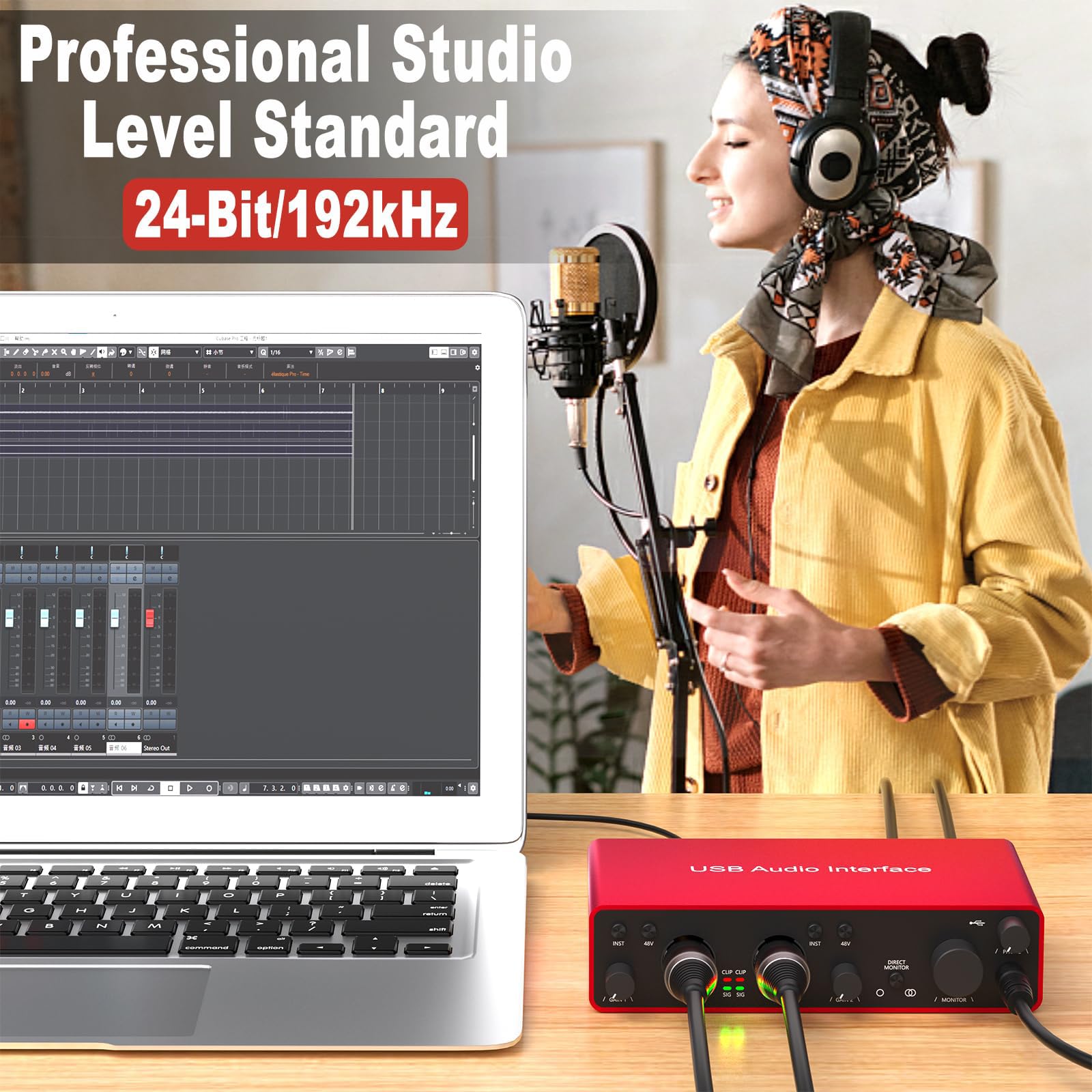 2i2 USB Audio Interface, 24Bit/192kHz Studio Recording, 48V