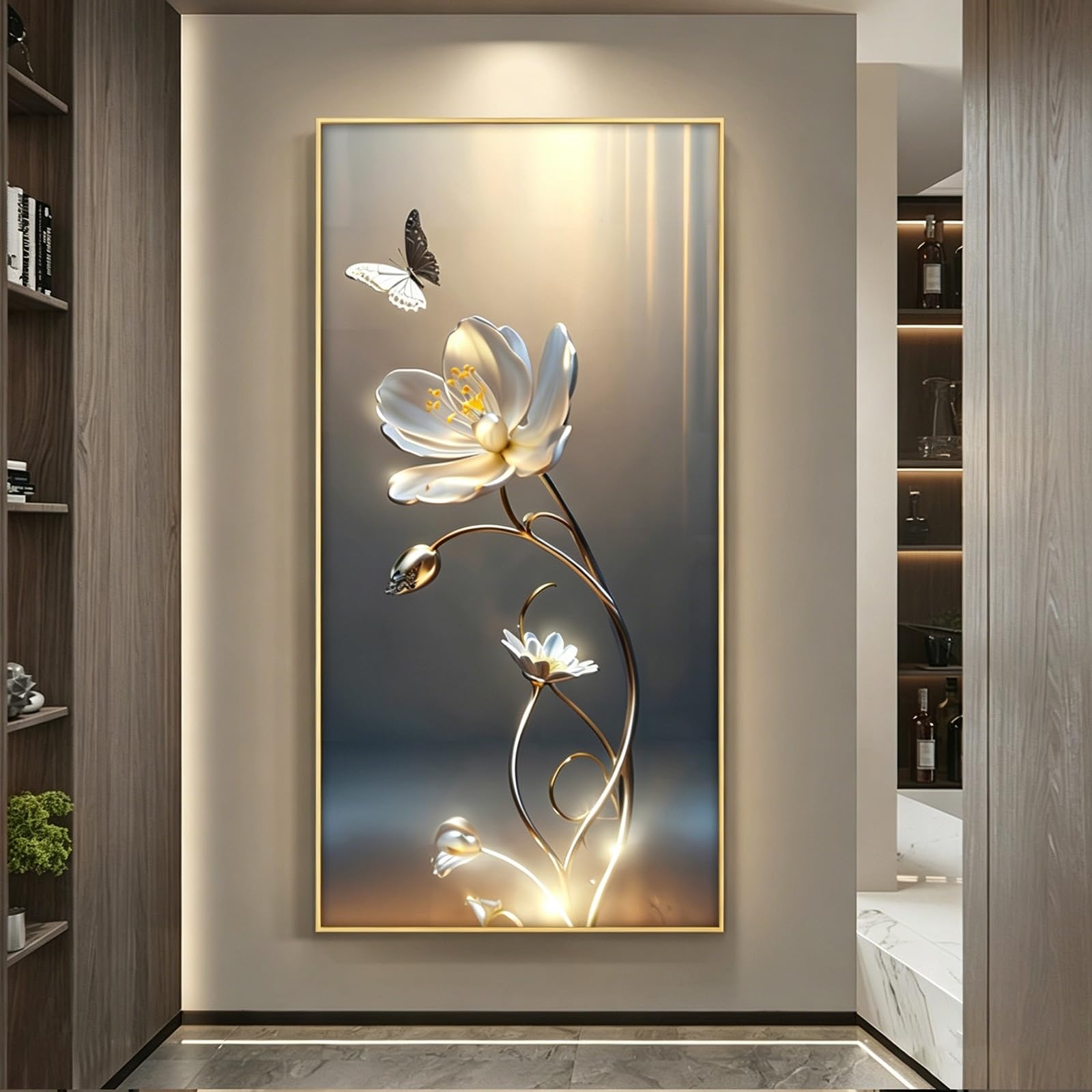 TgrGiEDenLO Crystal Porcelain 3D LED Wall Art, Lighted Butterfly & Floral Vase Wall Sculpture, Modern Entryway & Corridor Decor for Living Room(B,Black,50x100cm/19.7x39.4in)