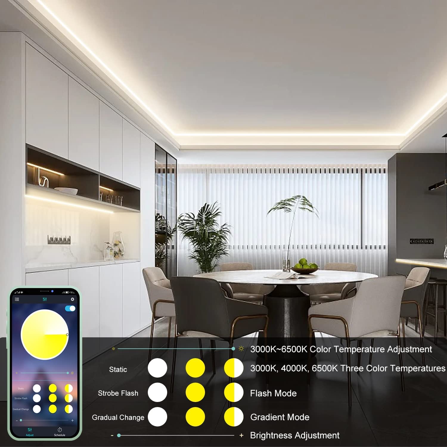 BUNACET LED Strip Warmwit 32M Dimbaar 24V LED Strip Koudwit 3000K-6500K, Flexibele LED Stripe Verlichting Zelfklevende met Voeding en RF afstandsbediening voor TV Keuken Slaapkamer Decoratie
