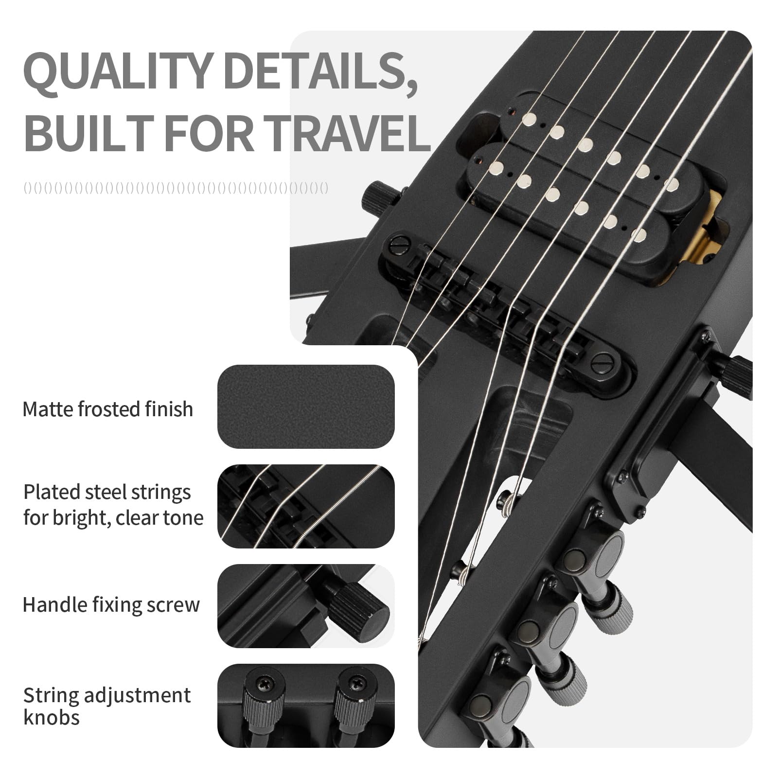 Reise E Gitarre – Volle Größe, ultraleicht (wiegt nur 1,8 kg), 100 % Ahorn, digitales Stimmgerät, Gitarrentasche, Ständer, geeignet für Linkshänder und Rechtshänder, Schwarz