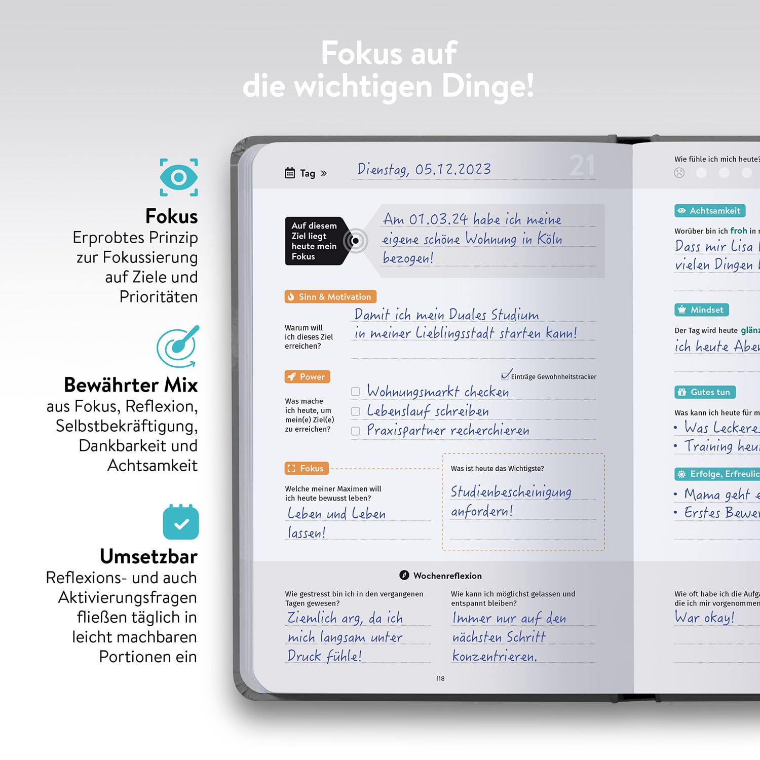 DRAN BLEIBEN Erfolgsjournal – für Ziele, Fokus, Selbstreflexion, Achtsamkeit & persönliche Entwicklung – DIN A5 (Startversion, Nobly Platinum)