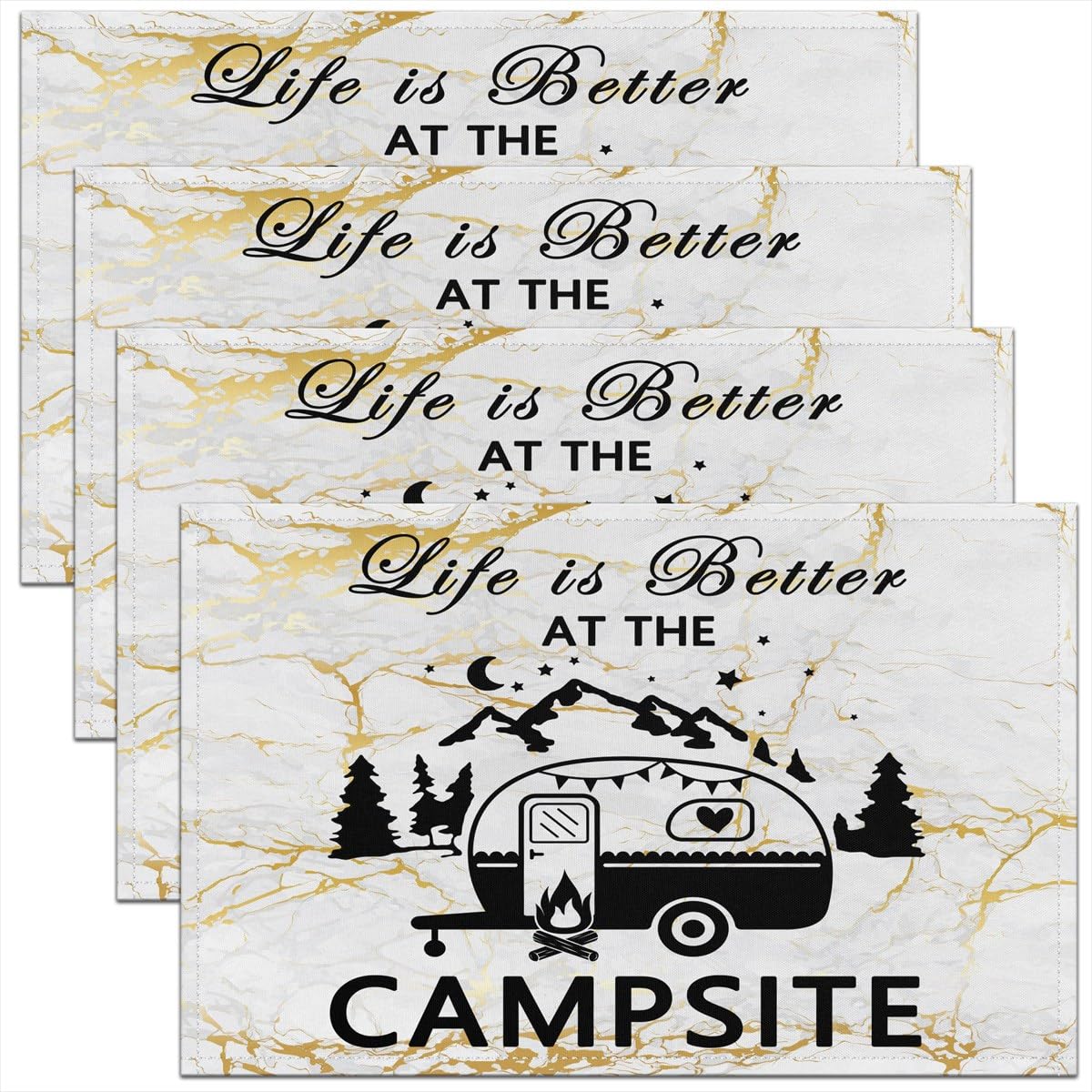 Camper Placemat for Kitchen Dining Table Indoor Outdoor,Happy Camping Placemats Set of 4 Yellow Marble Retro Watercolor Table Place Mats, Microfiber Cartoon Camping Car Table Mat 45x30cm