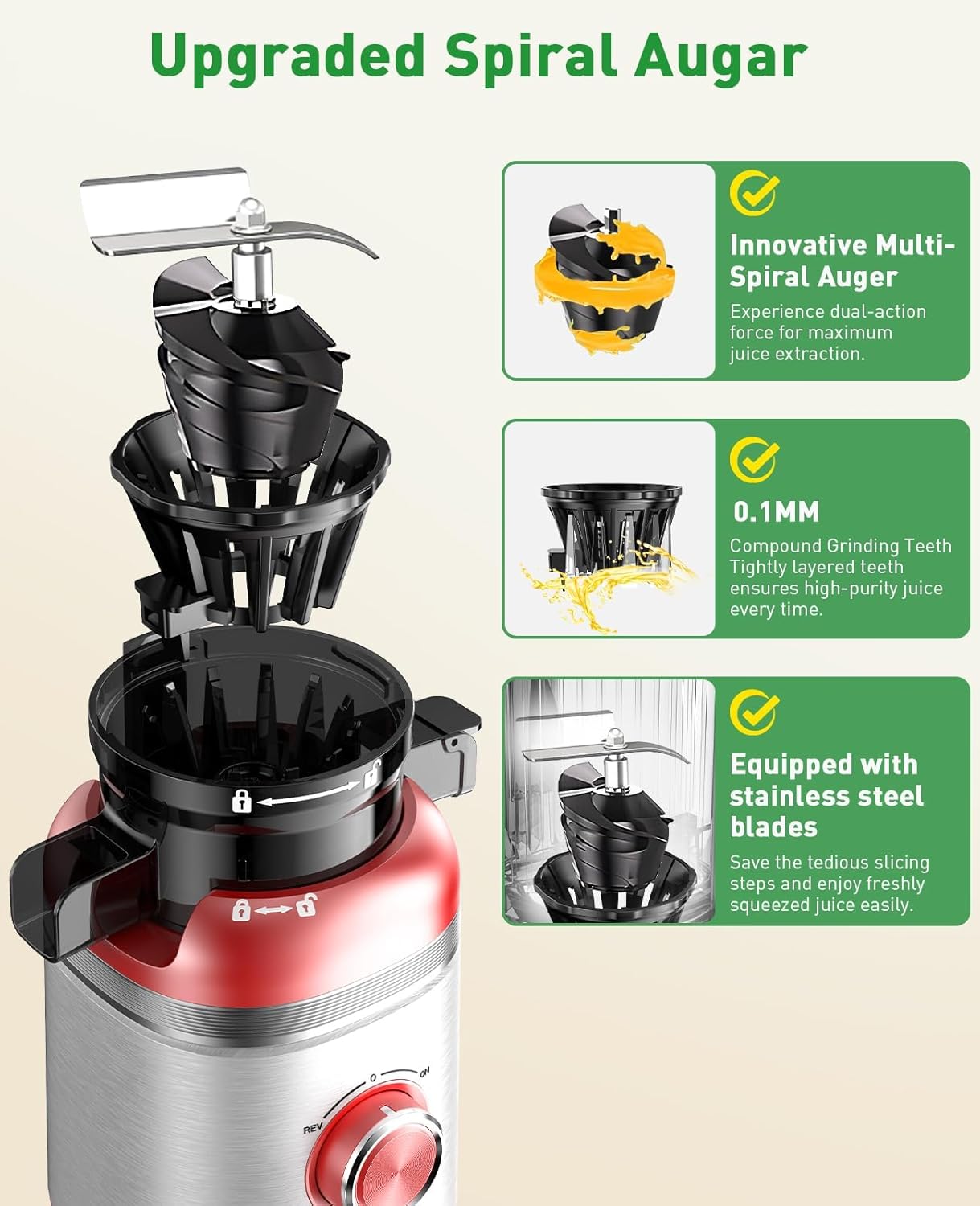 Cold Press Juicer Machines with Wide Feed Chute, Slow Masticating Juicer Maker for Whole Vegetables & Fruits, High Juice Yield, Easy to Clean, Large Auger Extractor, Red