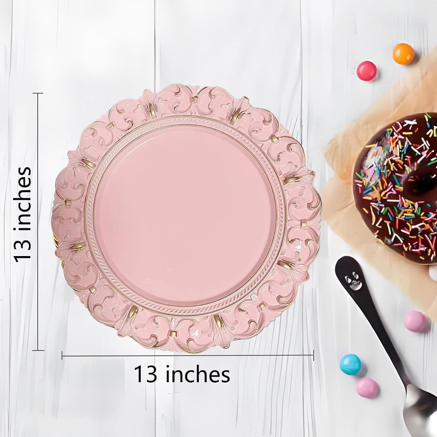 6 Pack Pink Charger Plates 13" Round Charger Plates for Dinning Plates with Embossed Rim Plastic Charger for Dinner, Wedding, Elegant Tableware Decor
