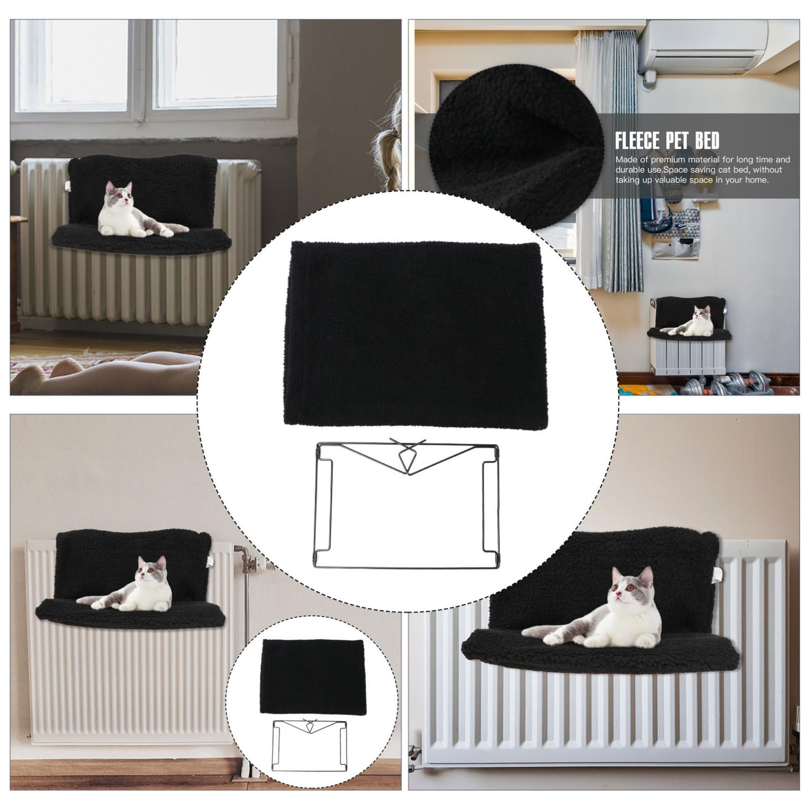 Hemobllo Amaca per Gatto Struttura in Metallo Nero, Supporto in Poliestere e Lino, Risparmio Spazio e Ecologico, per Caldo Gatto in Inverno