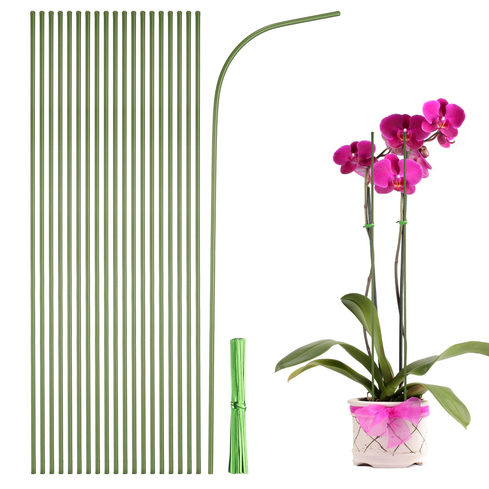 sourcing map 20pcs Green Plant Support Stakes, 11.8" Bendable Garden Plant Sticks Plastic Single Stem Plants Support Stakes with Ties for Potted Plants Flowers Orchid Peony, Green