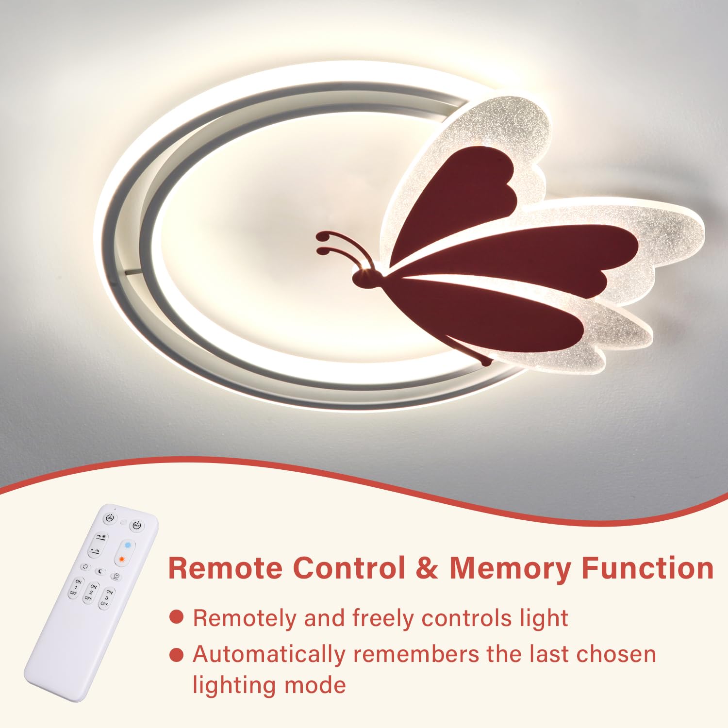 LED Deckenleuchte Schmetterling 48W Dimmbar mit Fernbedienung, Farbtemperatur 3000–6500K, Nachtlicht, Timer, Memory-Funktion, Deckenlampe für Kinderzimmer & Schlafzimmer, 4800lm, 47x40cm, Metall