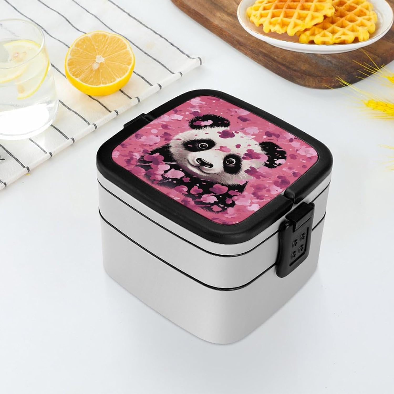 Bento Box with Spoon And Handle Pink Panda Cotton Printed Stackable Bento Box Portable Bento Lunch Box Container for Work Camping And Travel