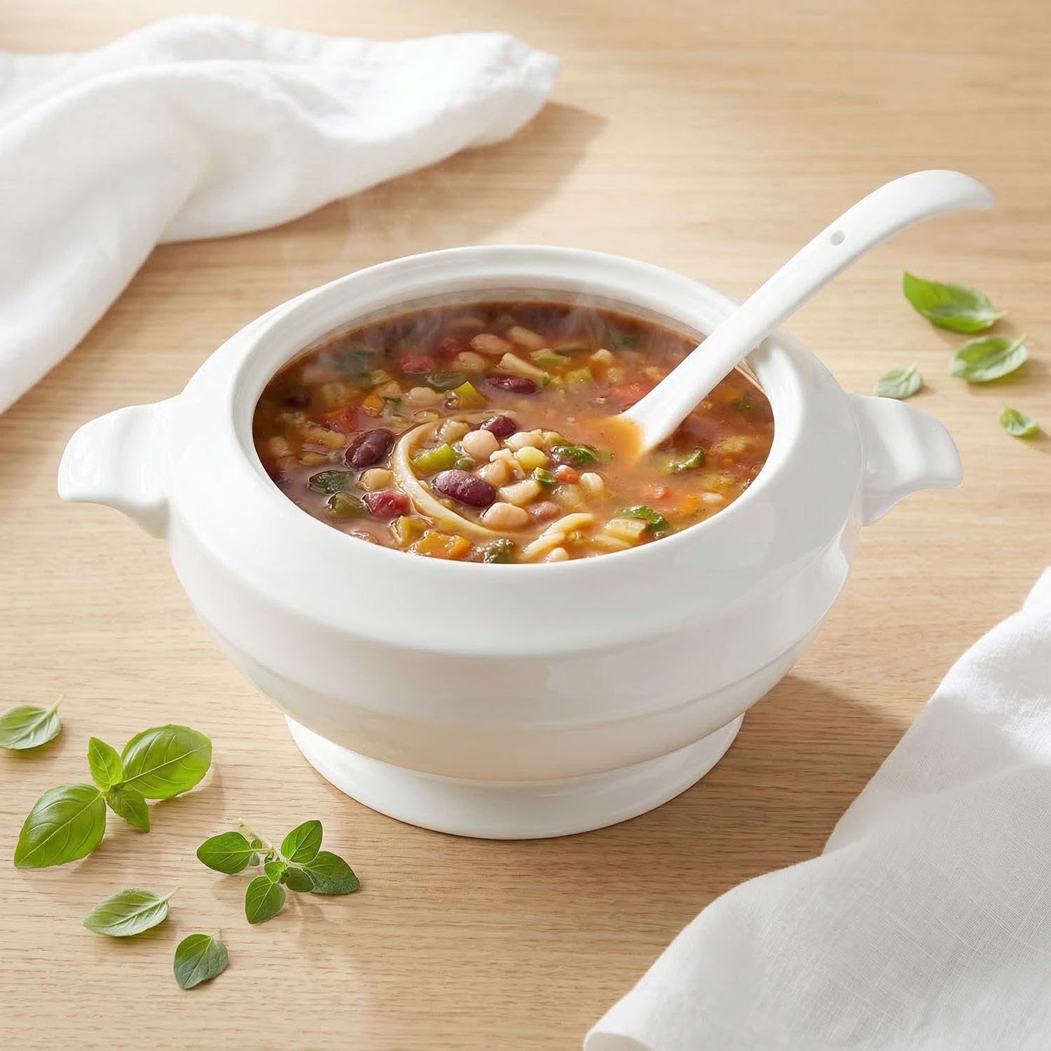 Casserole Dish with Serving Handle, 2.7-quart White French Soup pot, Ceramic Tureen with Lid and Ladle, for Dinner and Party, Microwave, Dishwasher, Oven Safe 11.6 Inch