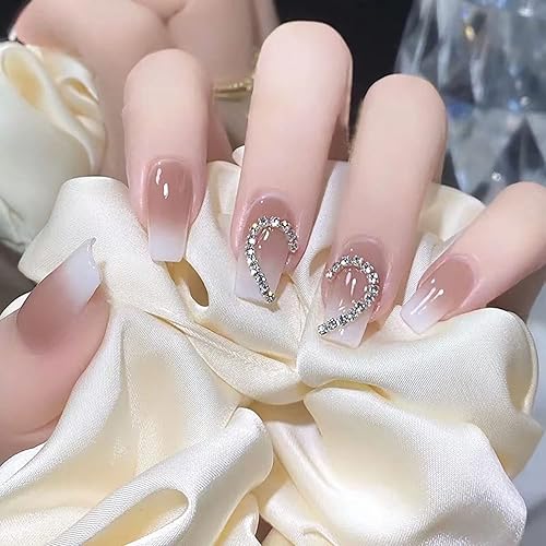 Miniatura 3 de Uñas postizas a presión de San Valentín uñas postizas medianas cuadradas de corazón con diseño degradado rosa nude diamantes de imitación brillantes