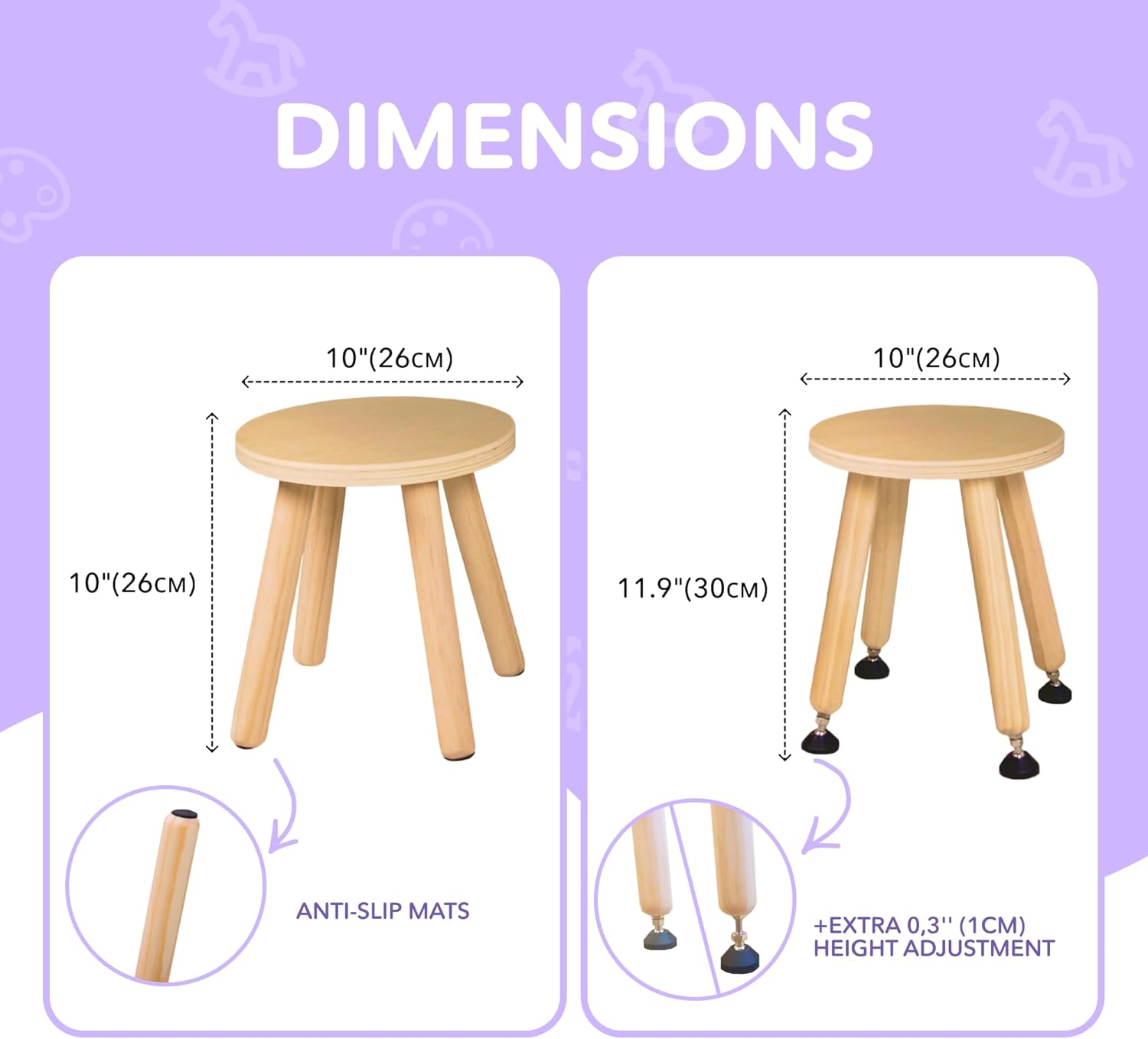 Cateam Wooden Step Stool for Kids and Toddlers – Set of 4 – Natural – Extendable Legs Kids Chair – Sensory Table Seat – Children's Round Sitting Furniture with Leveling Feet and Anti-Slip Pads