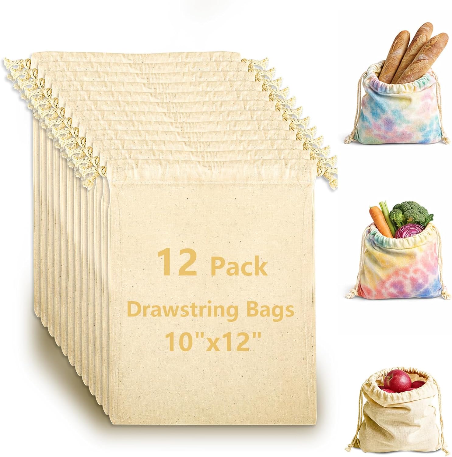 OKBA 12 Pack Cotton Muslin Drawstring Bags – Reusable Cloth Bags for Storage, Produce & Bread Storage, Gift Packaging, DIY Crafts, Eco-Friendly & Lightweight (10x12 inch)