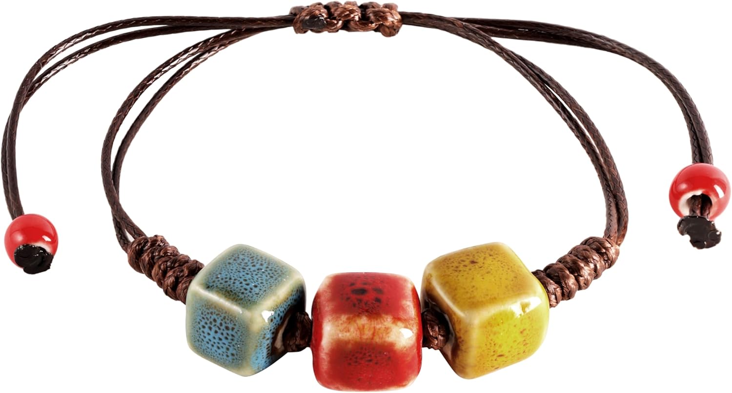 MINACHI Bohemian Colorful Ceramic Bead Adjustable Cord Bracelet, Boho Hippie Summer Jewelry Gift for Women