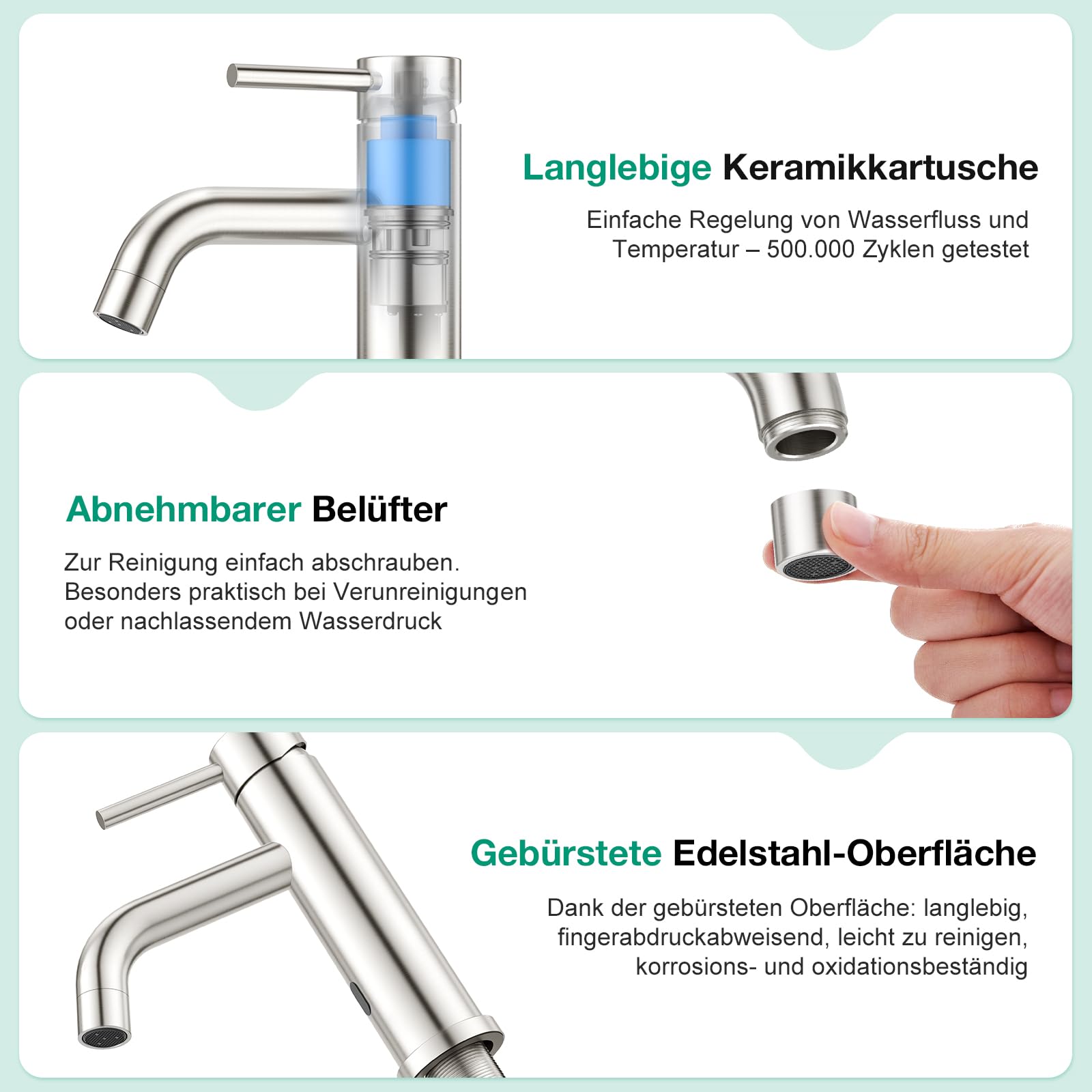 CREA Infrarot Sensor Waschtischarmatur für Badezimmer, Einhebelmischer Armatur Wasserhahn für Waschbecken Bad, Gebürstet