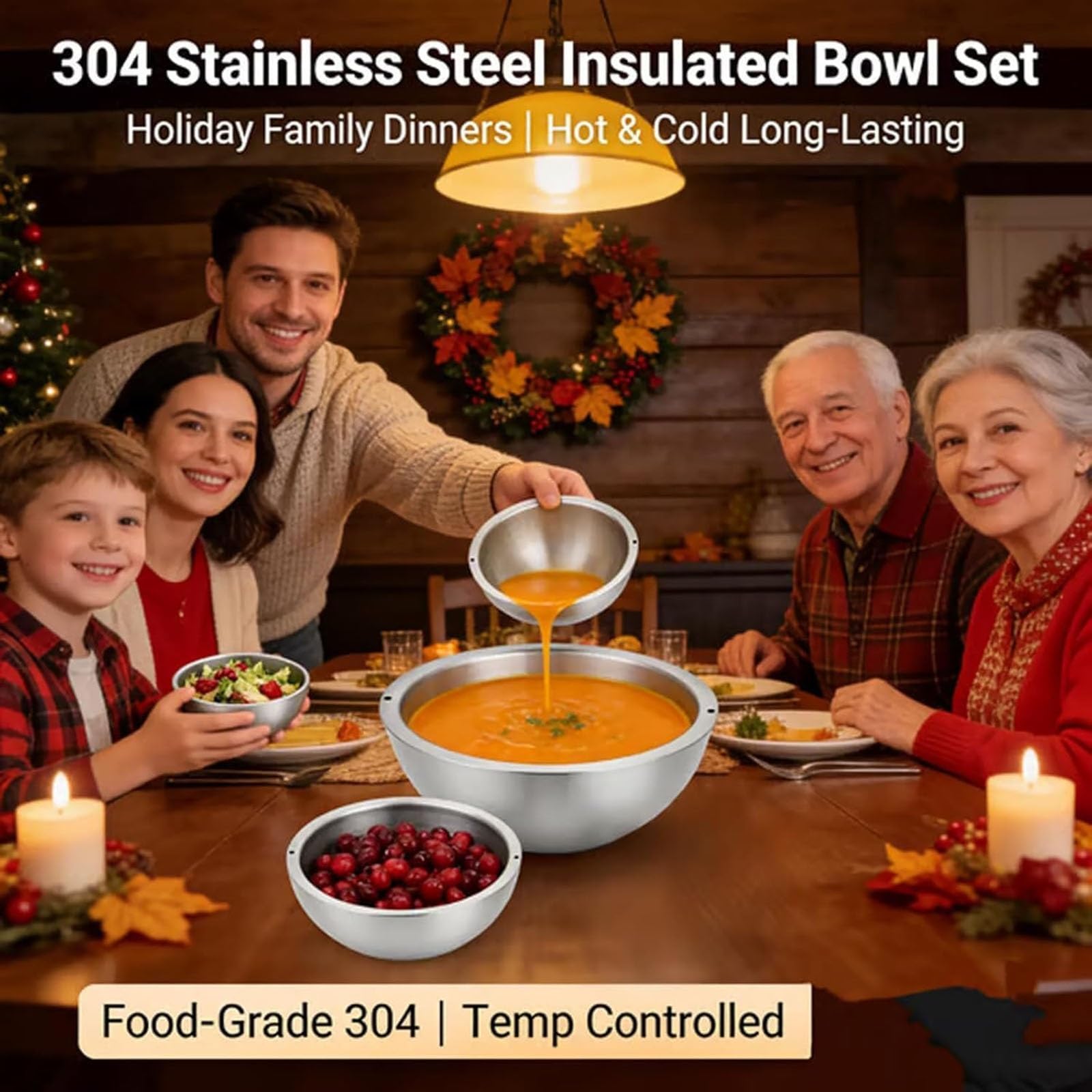 Genérico Ensaladera y Recipiente para Salsas de Acero Inoxidable 304 con Aislamiento de Doble Pared, para Servir Alimentos Calientes Y FríOs con Dos Orificios de Agua Para Salsas FríAs(2pcs)
