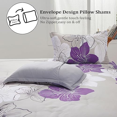 Miniatura 5 de Menghomeus Juego de edredón floral tamaño matrimonial, estampado de flores moradas en gris, juego de ropa de cama de microfibra suave, juego de cama