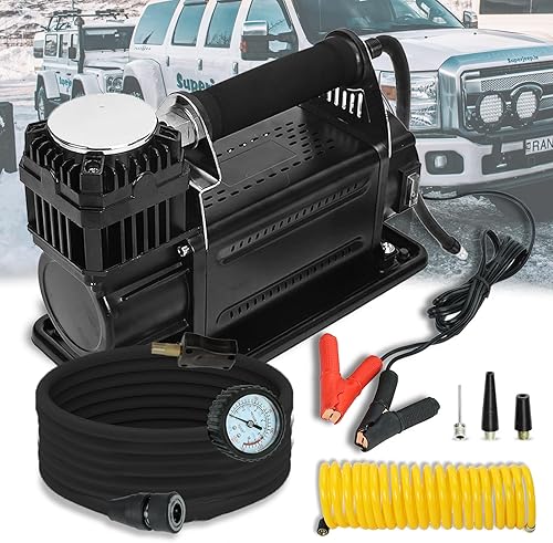 KAFLLA Compresor de aire portátil universal de 12 voltios inflador de neumáticos de 254 CFM con manómetro de presión de 150 PSI y bolsa de