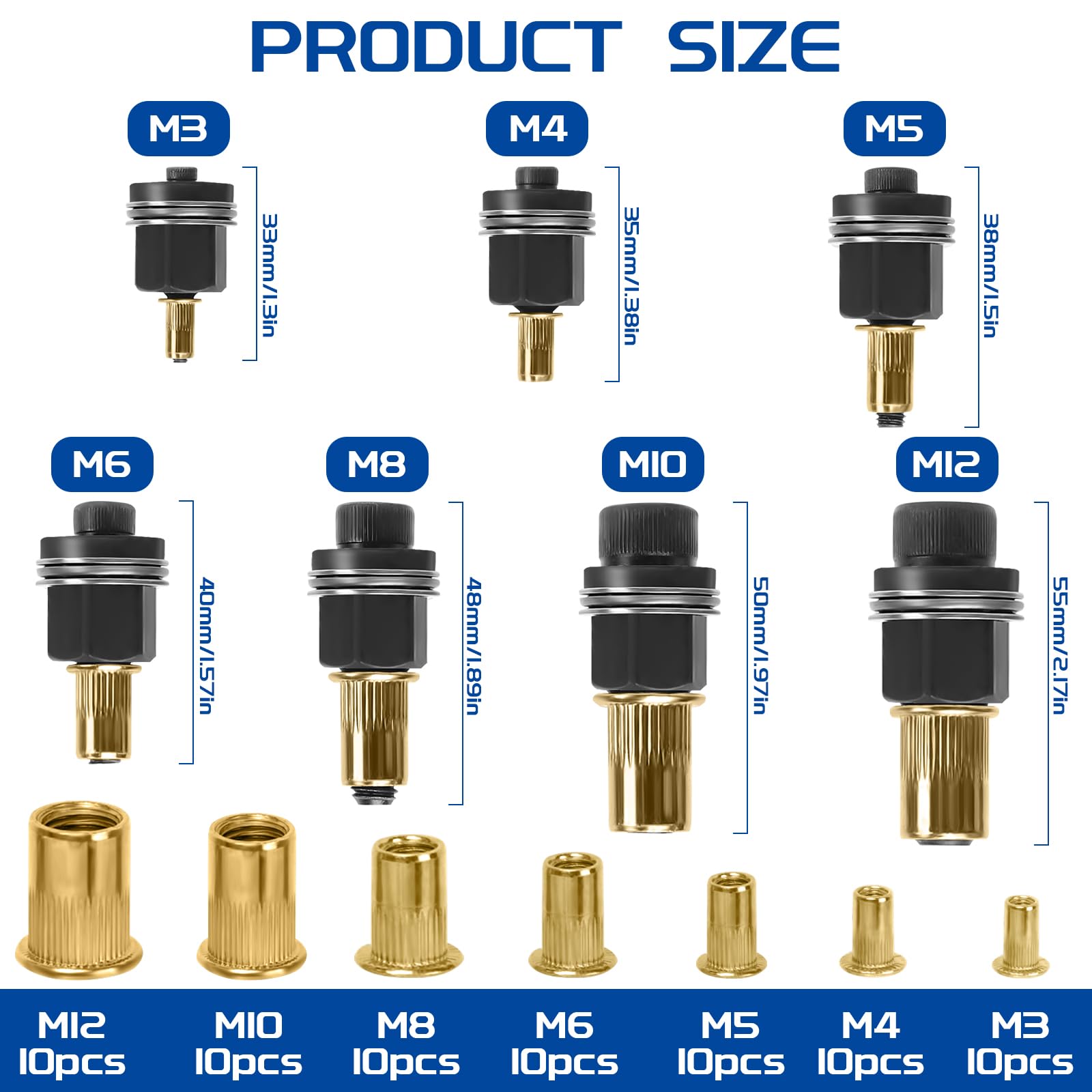 7 Stücke Nietmutternzange Set, für M3, M4, M5, M6, M8, M10, M12 Nietenzange Nietmuttern, Nieten Set Nietmutter Werkzeug, Manuelle Nietmaschine, Enthält Jeweils 10 Stück Muttern