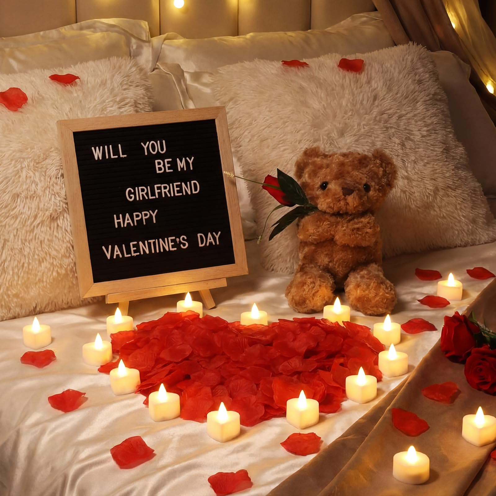 Ceenna Panneau romantique Will You Be My Girlfriend avec bougies LED et pétales de rose artificiels, cadeau animal en peluche avec rose, panneau à lettres en feutre pour la Saint-Valentin (rouge)