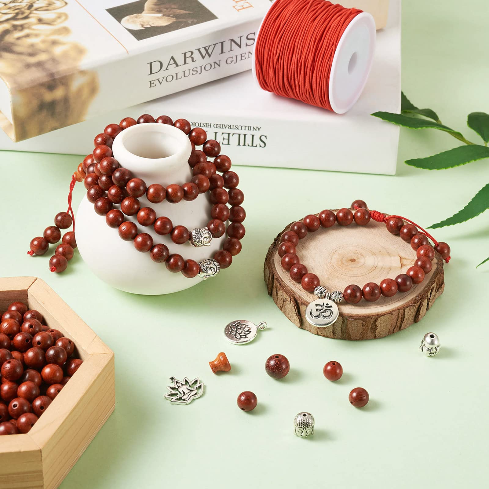 Crafans DIY Buddhist Mala Bead Kit - Tibetan Wooden Buddha Head Spacer Vase Antique Silver Beads For Bracelet Jewelry Making - Image 2