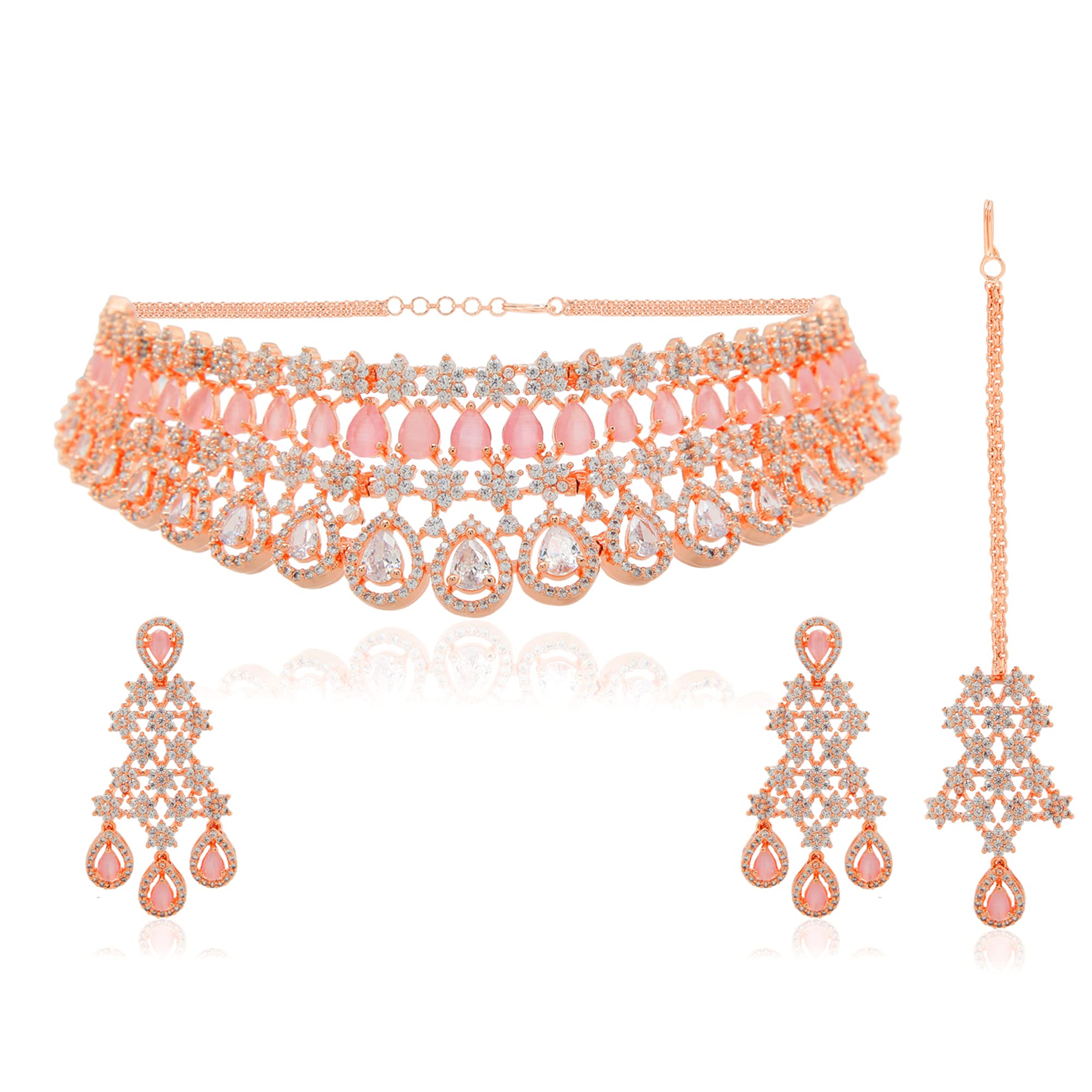 I JewelsRose Gold-Plated & White AD Stone Studded Jewellery Set for Women & Girls(AD0020RG), No Gemstone