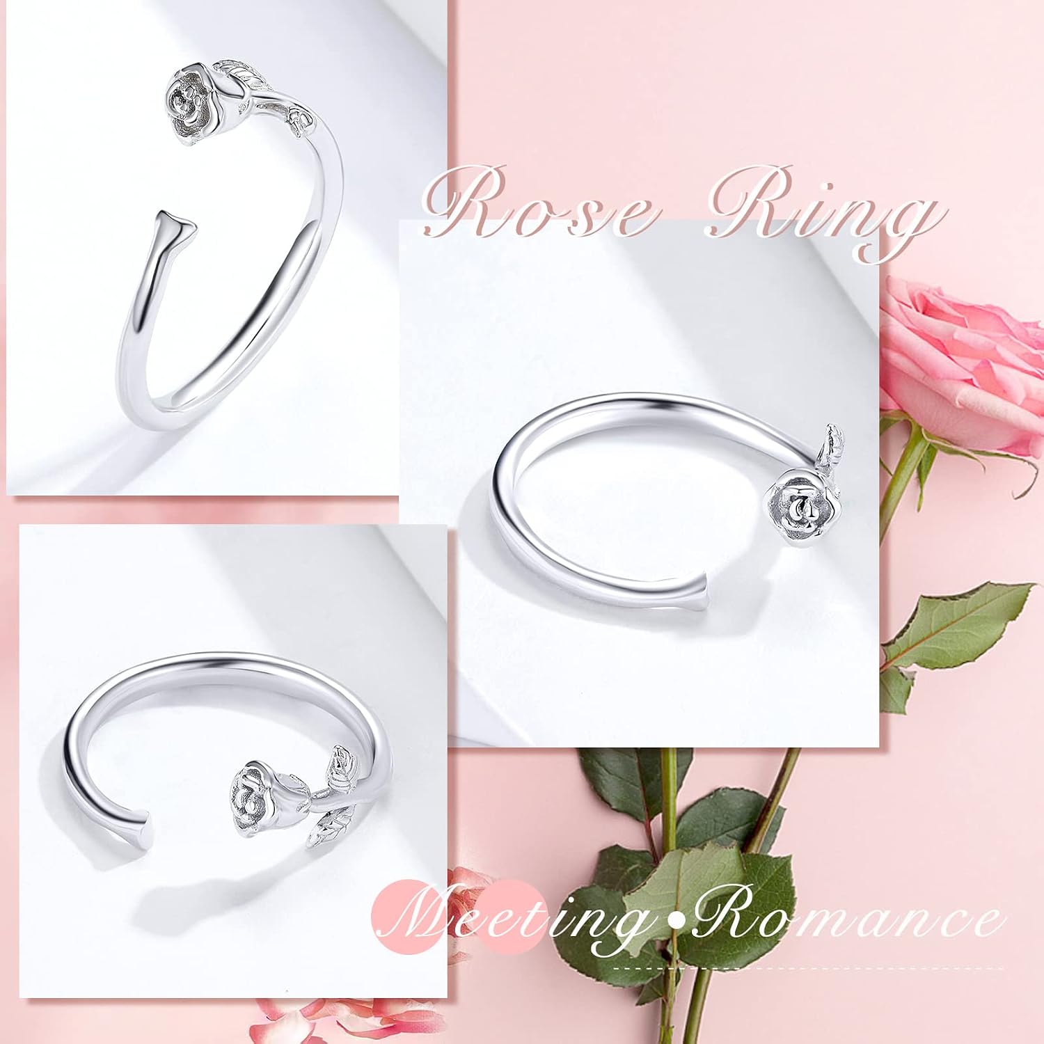 Qings Кольцо с розовым цветком серебро высокой пробы 925 кольцо открытого типа для женщин кольца с регулируемым размером для девочек