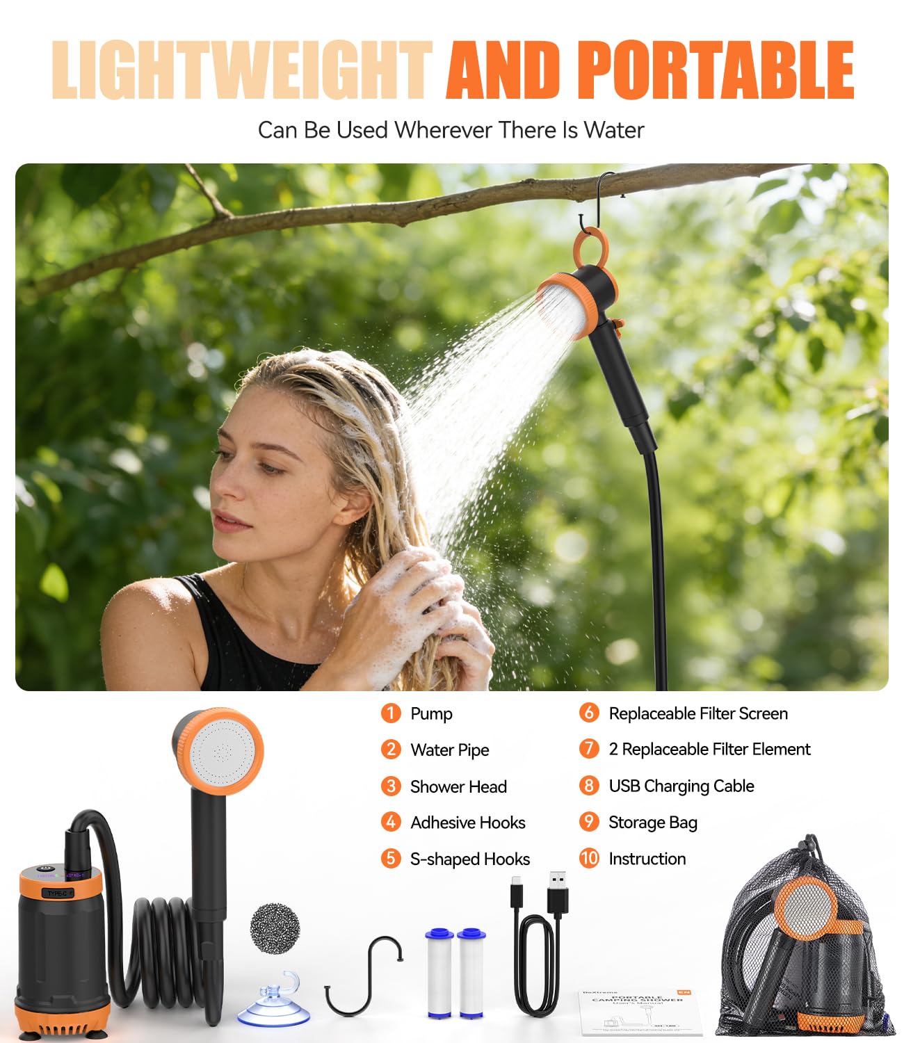 Kit Douche de Camping Portable, Pompe de Douche Électrique 8000mAh Rechargeable, Imperméable, 4 Modes 5 Vitesses Réglables, Camping Douche pour Extérieure Randonnée Plage Animaux