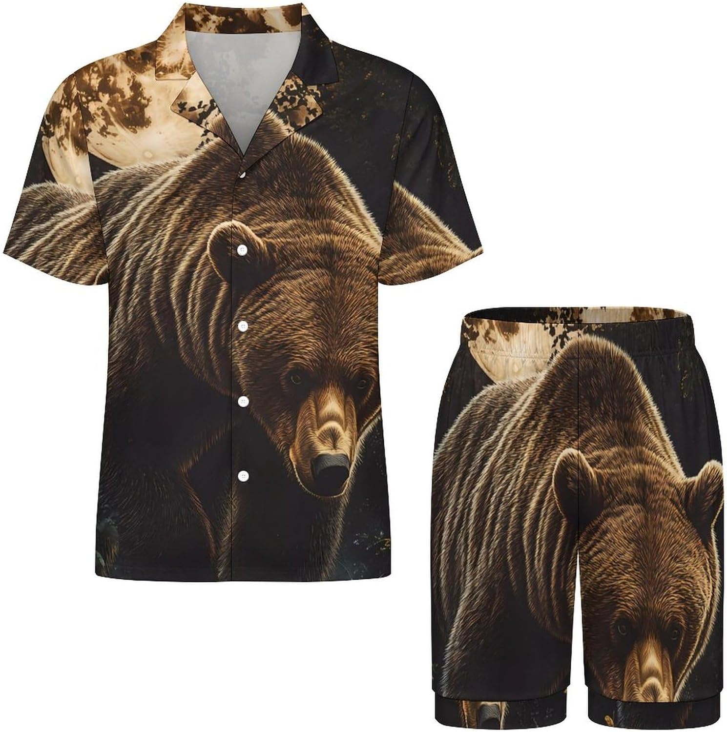 Bear Walking Through Forests Men's Short Sleeve Pajama Set Satin Silk Like Lounge Sleepwear