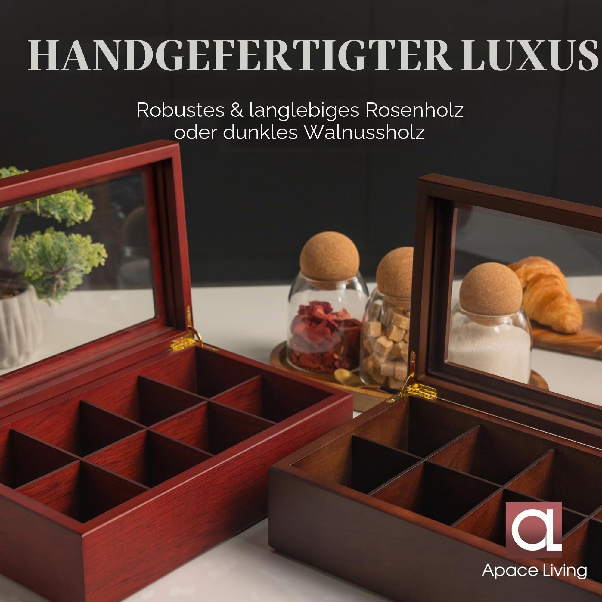 Tee Box von Apace Living - Luxeriöse Tee Aufbewahrung Box Holz – 8 Fächer für die Aufbewahrung von Teebeuteln - Handgefertigte Teebox mit kratzfestem Sichtfenster – Elegante Teebeutel Aufbewahrungsbox