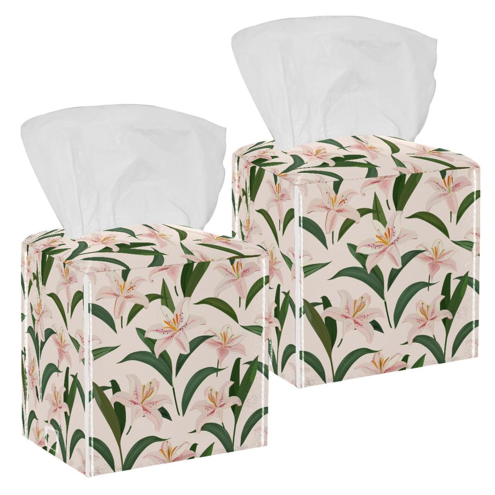 Lily Tissue Box Cover, 2 Pack PU Leather Square Facial Tissue Dispenser Box holder for Home Office Car