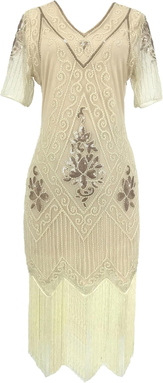 Women's V-neck Dresses 8-piece set 1920s Fringed Sequin Dress with 20s Accessories -20s Accessories Set