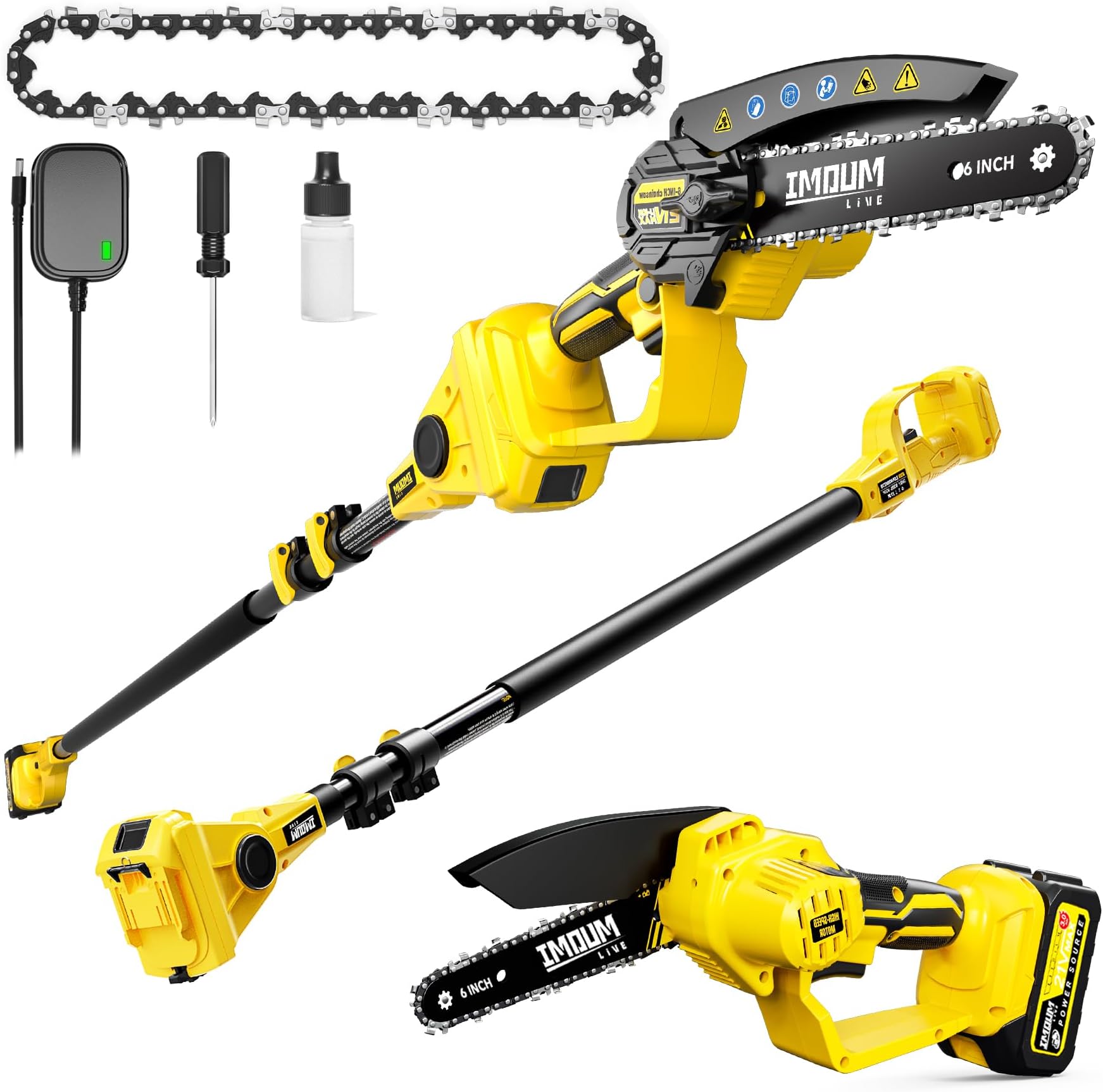 IMOUMLIVE 2-IN-1 Cordless Pole Saw & Mini Chainsaw, 21V 3.0Ah Battery Powered 6 Inch Electric Pole Chainsaw, 6.6 LB Lightweight, 14.8-Foot MAX Reach Pole Saw for Tree Trimming