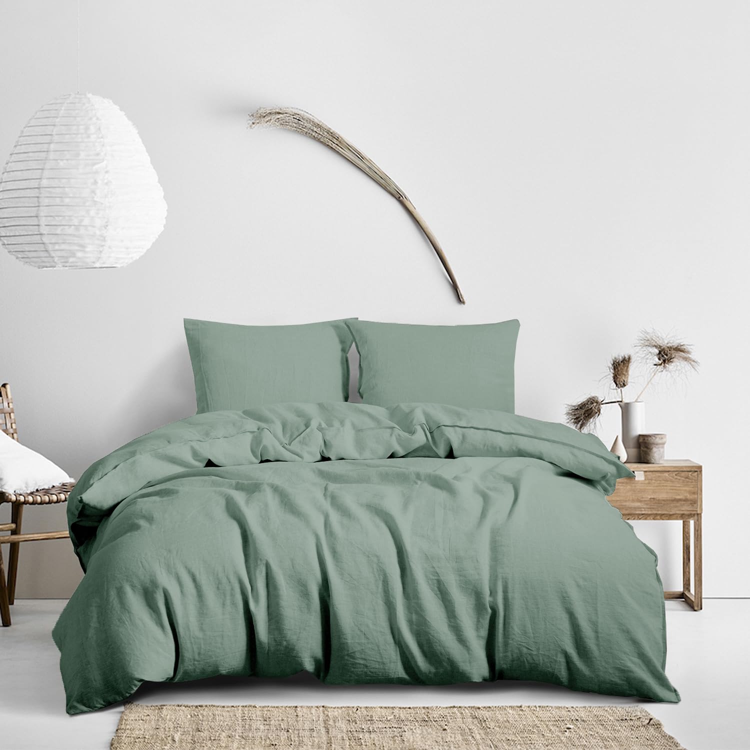 CHUFFED Ropa de cama de lino de 135 x 200 cm, 2 piezas, 100 % lino natural, 1 funda nórdica de 135 x 200 cm y 1 funda de almohada de 80 x 80 cm con cremallera, suave transpirable, color verde salvia