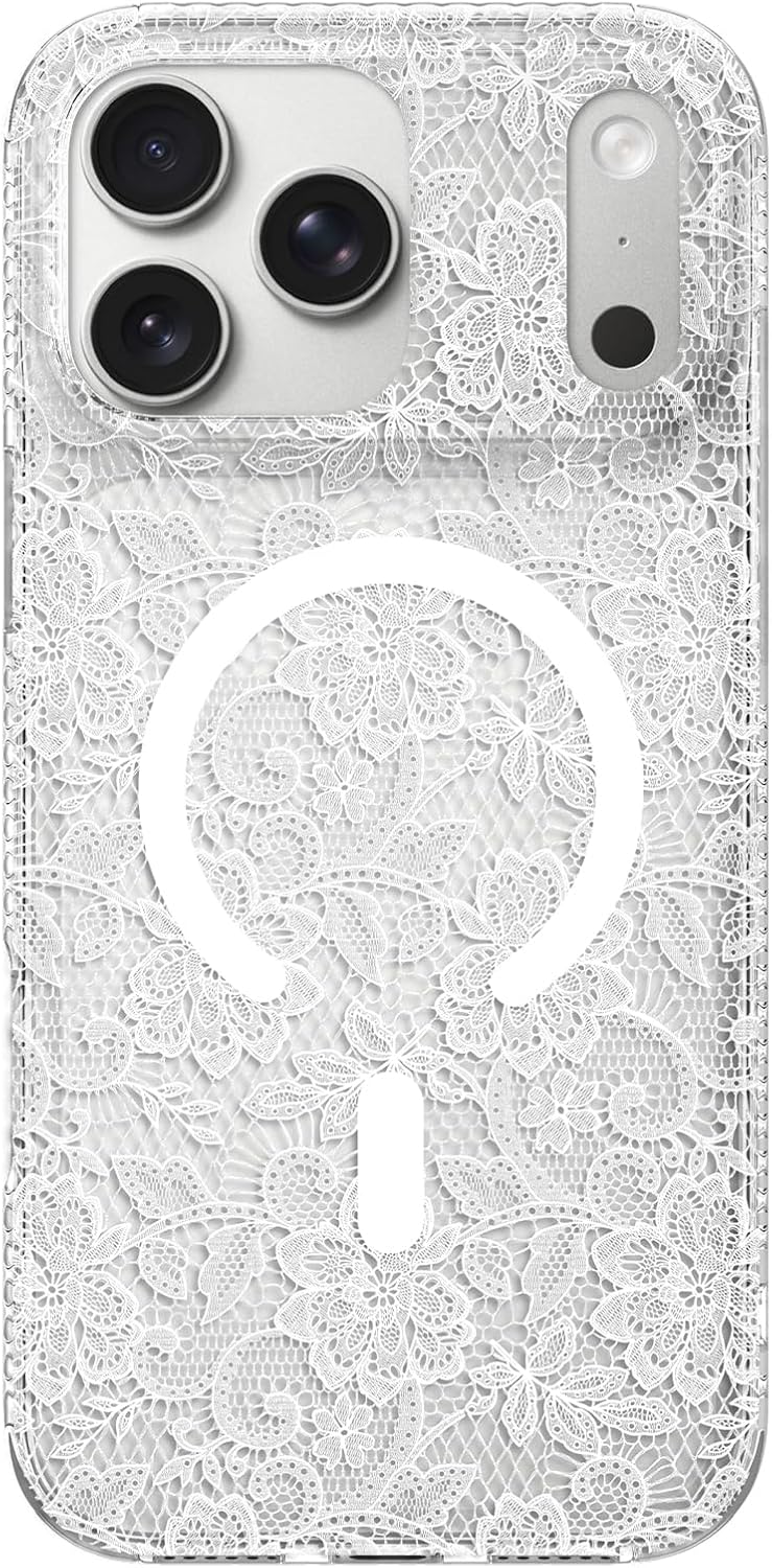 Designed for iPhone 17 Pro Max Case, Clear Lace Floral Pattern, Cute Aesthetic & Elegant Flowers Design for Women [Compatible with MagSafe], Magnetic Shockproof Protective Cover, White