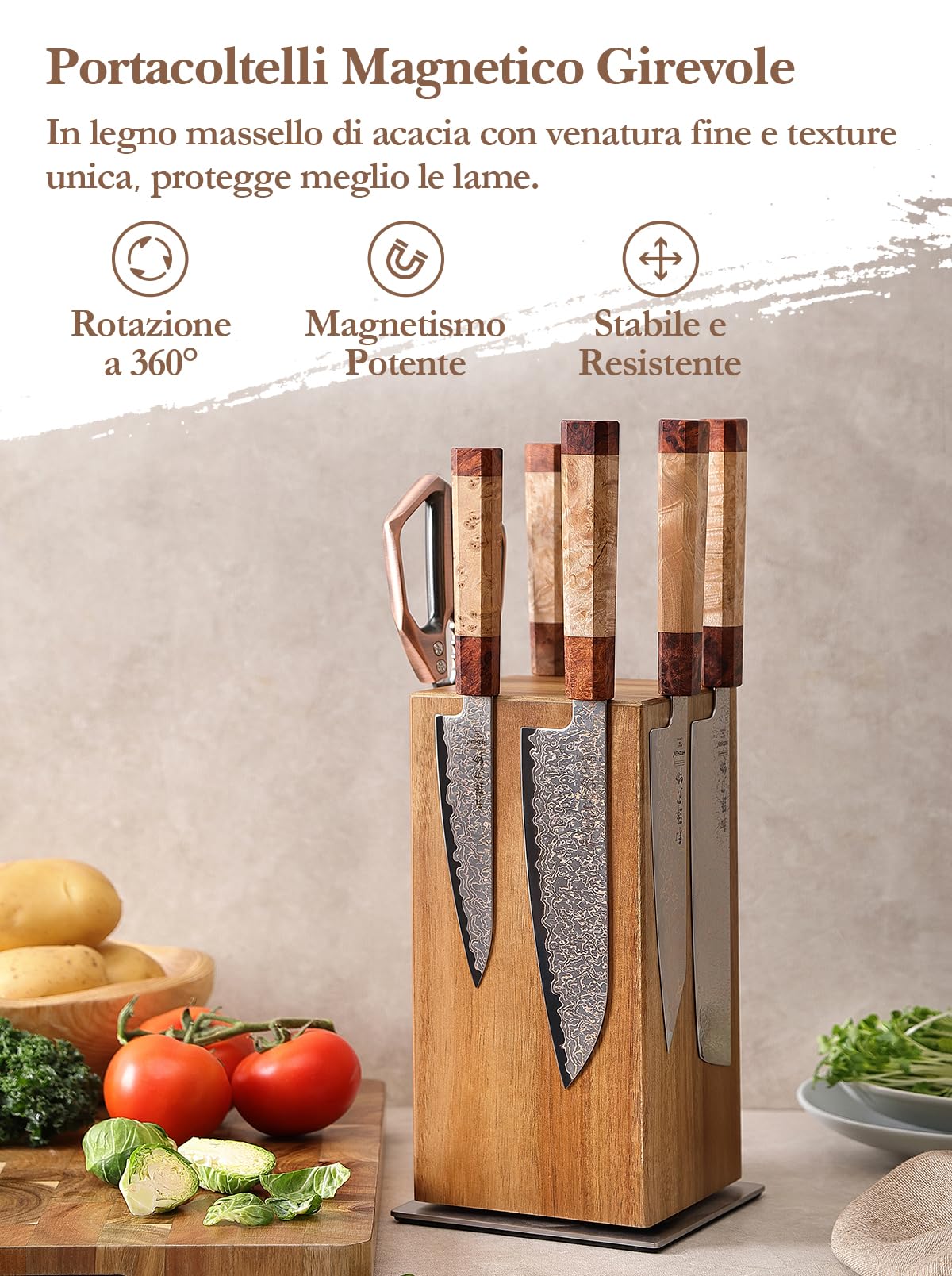 HEZHEN Ceppo Portacoltelli Magnetico Girevole 360° Legno d'Acacia - Blocco Rotazione - Supporto Magnetico a Quattro Lati per Coltelli da Cucina con Base Antiscivolo