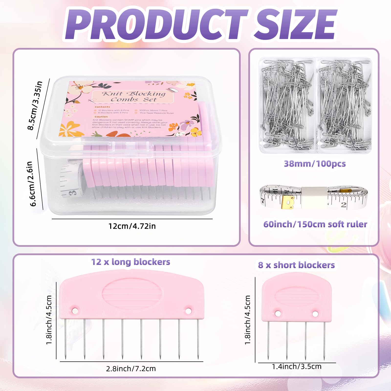 120Pcs Knit Blocking Pins Kit, Blocking Pins for Knitting, Knit Blocking Pins for Blocking Mats, 20 Knit Blockers Pins Kit, Crochet Blocking Pins, Knit Blocking Combs with 100 T-Pins and Storage Box