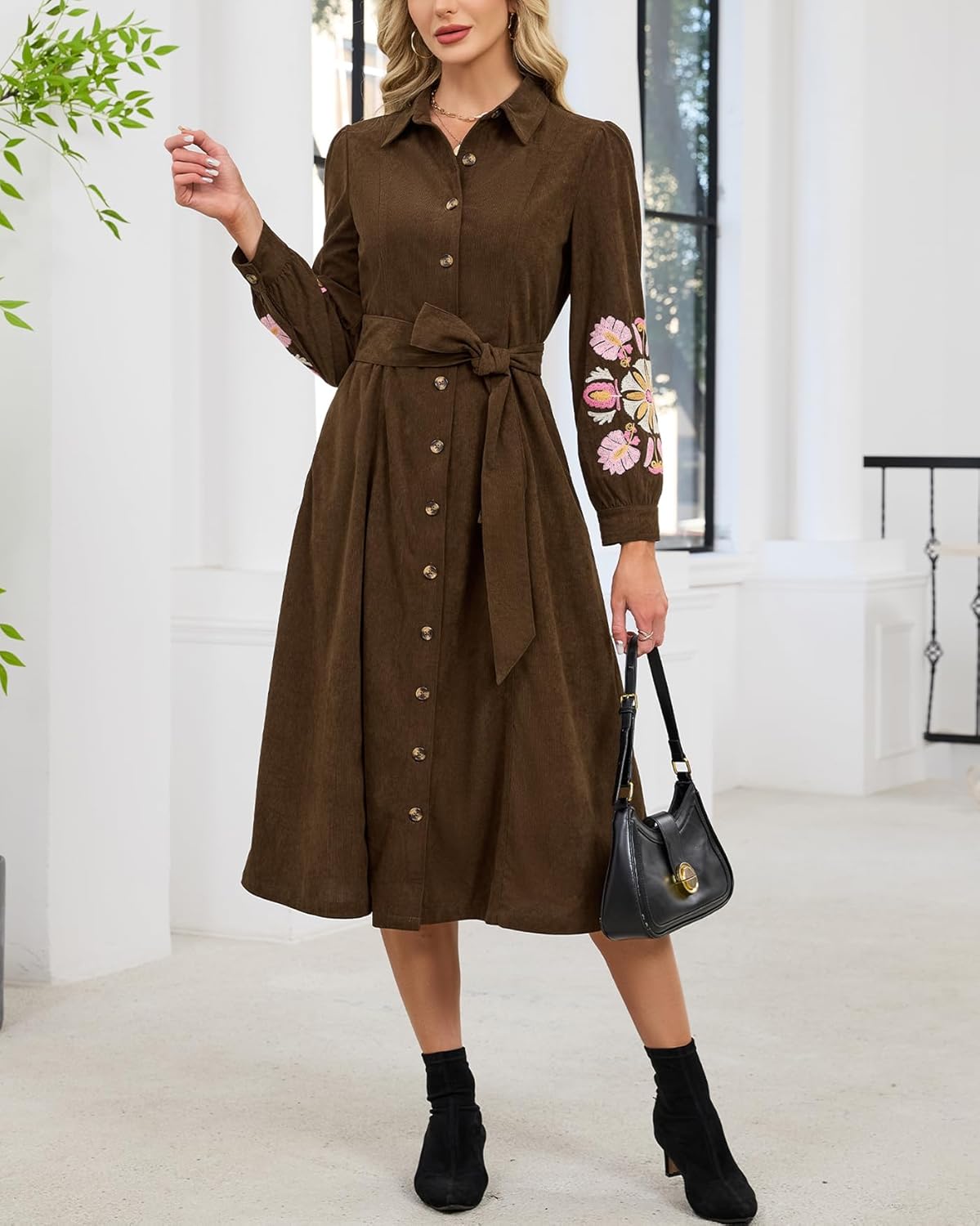 Women’s Corduroy Embroidered Maxi Shirt Dress Long Sleeve Button Down Belted Casual Spring Fall Western Long Dresses - Image 4