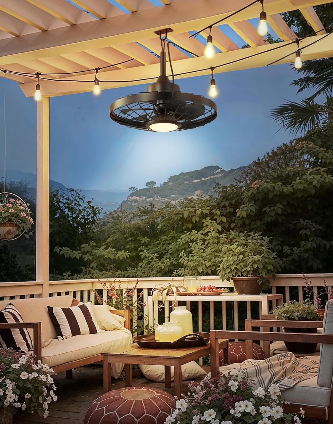 Deckenventilator für Außen mit Licht und Fernbedienung IP65 Wasserdicht LED Lampe mit Ventilator für Garten Terrasse Dimmbar Leise Deckenlampe Retro Deckenventilator mit Beleuchtung für Outdoor Innen