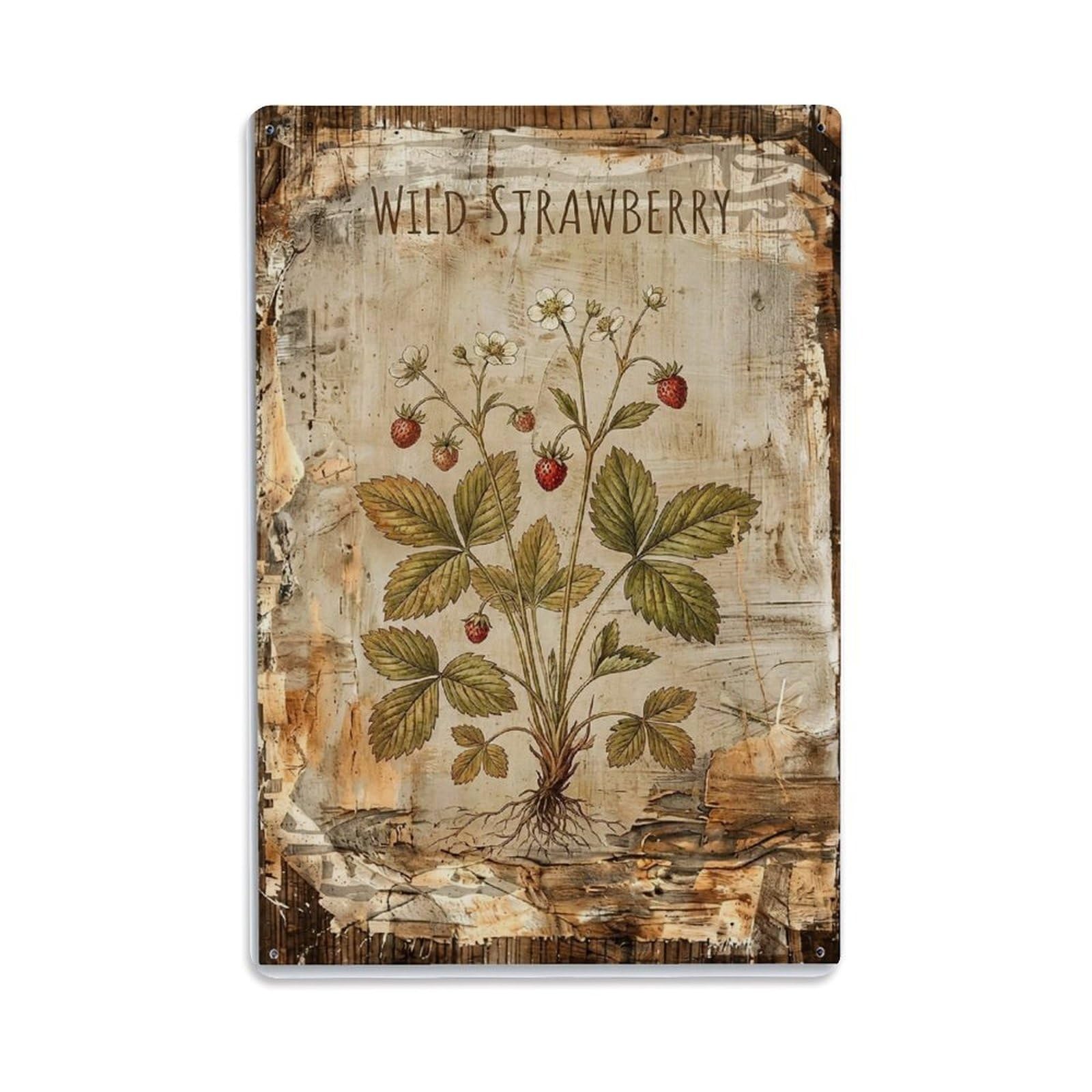 Fqnyr Style Wild Strawberry Botanical Vintage Metal Tin Sign Plaque Wall Decor For Cafe, Club Bar, Office, Home Garden Metal Poster 8X12inch