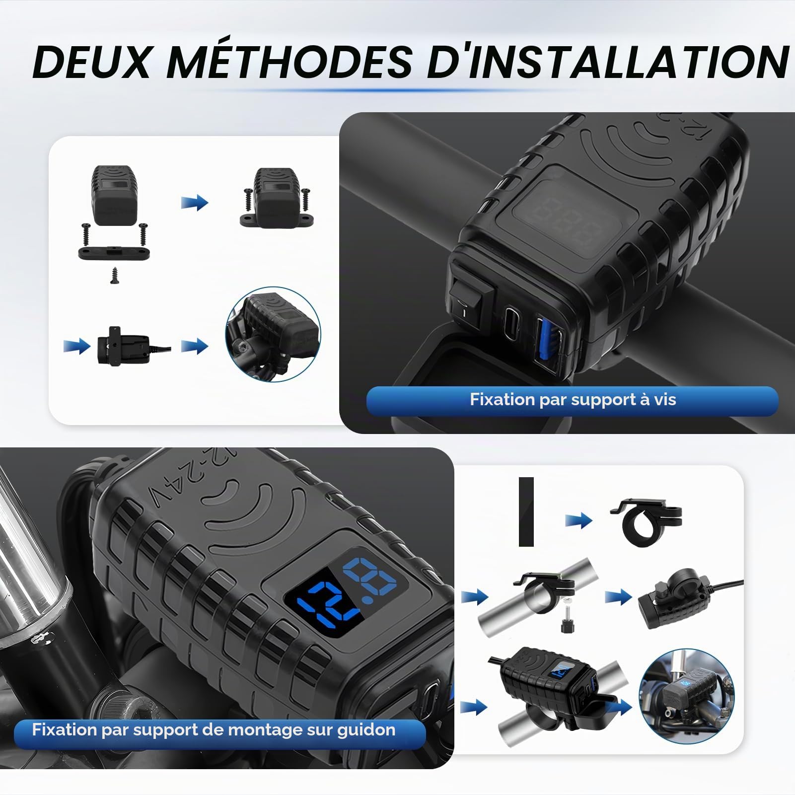Thlevel Chargeur de Moto USB C 12V 48W QC3.0 et PD Type-C avec Interrupteur Voltmètre LED pour 12V-24V Voiture Camping-Car Véhicule Bateau