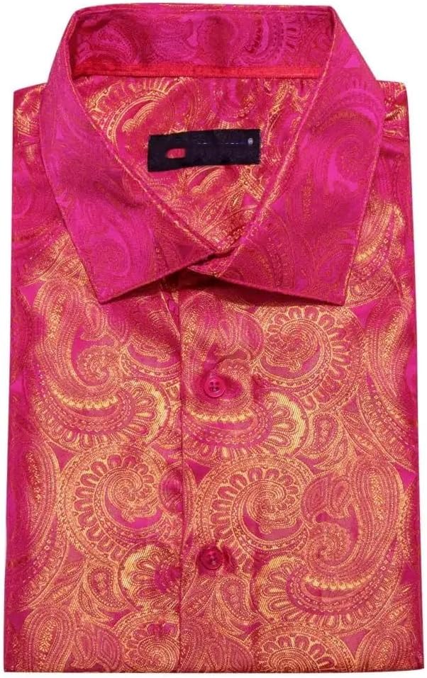 Classic Embroidered Shirts for Men Brown Paisley Silk Lapel Woven Long Sleeve Formal Fit Business Wedding
