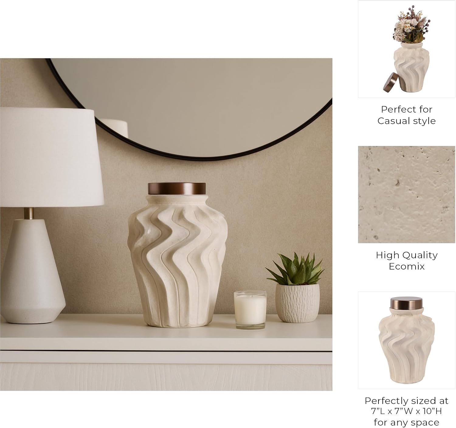 Artisan Ceramic Jar with Metal Lid - Stylish Jar with Wavy Design for Living Room, Bedroom Accents, or Office - Home Decor Statement Piece for House, Table, and Room Decor - 10", Cream & Bronze