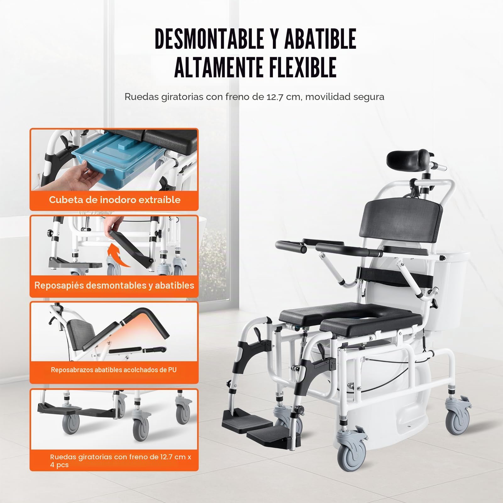 VEVOR Silla de Ruedas de Ducha de Aleación de Aluminio para Ducha Interior, con Freno para Adultos Discapacitados, Silla de Transporte de Ducha de 136 kg de Capacidad, 1085 x 550 x 1315 mm, Negro