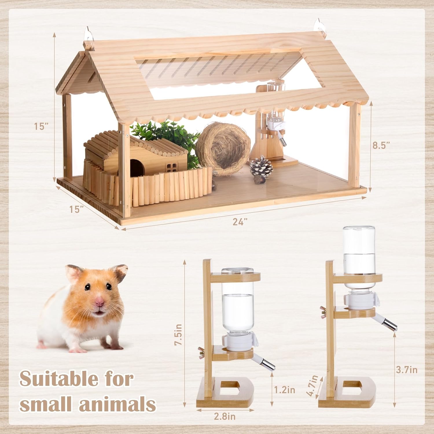 Wooden Hamster Cage Accessories 24 Inch Hamster Cage Grass Nest Water Bottle with Stand Hamster for Hamsters, Gerbils, Mice and Other Small Pets